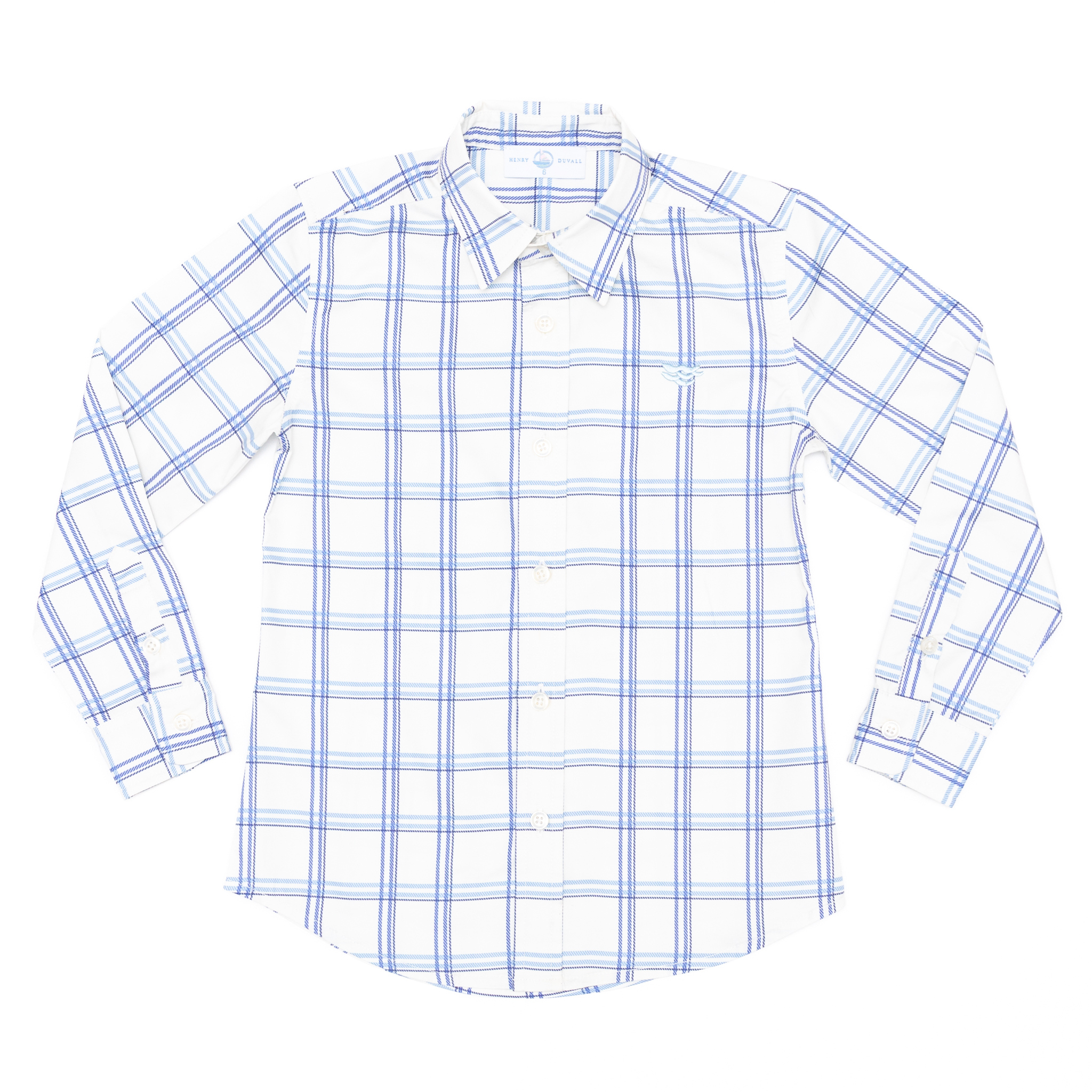 Henry Duvall Bennett Button Down in Prescott Plaid, classic boys fall dress shirt in crisp ivory and blue check, perfect for pairing with velvet trousers and coordinating sibling styles