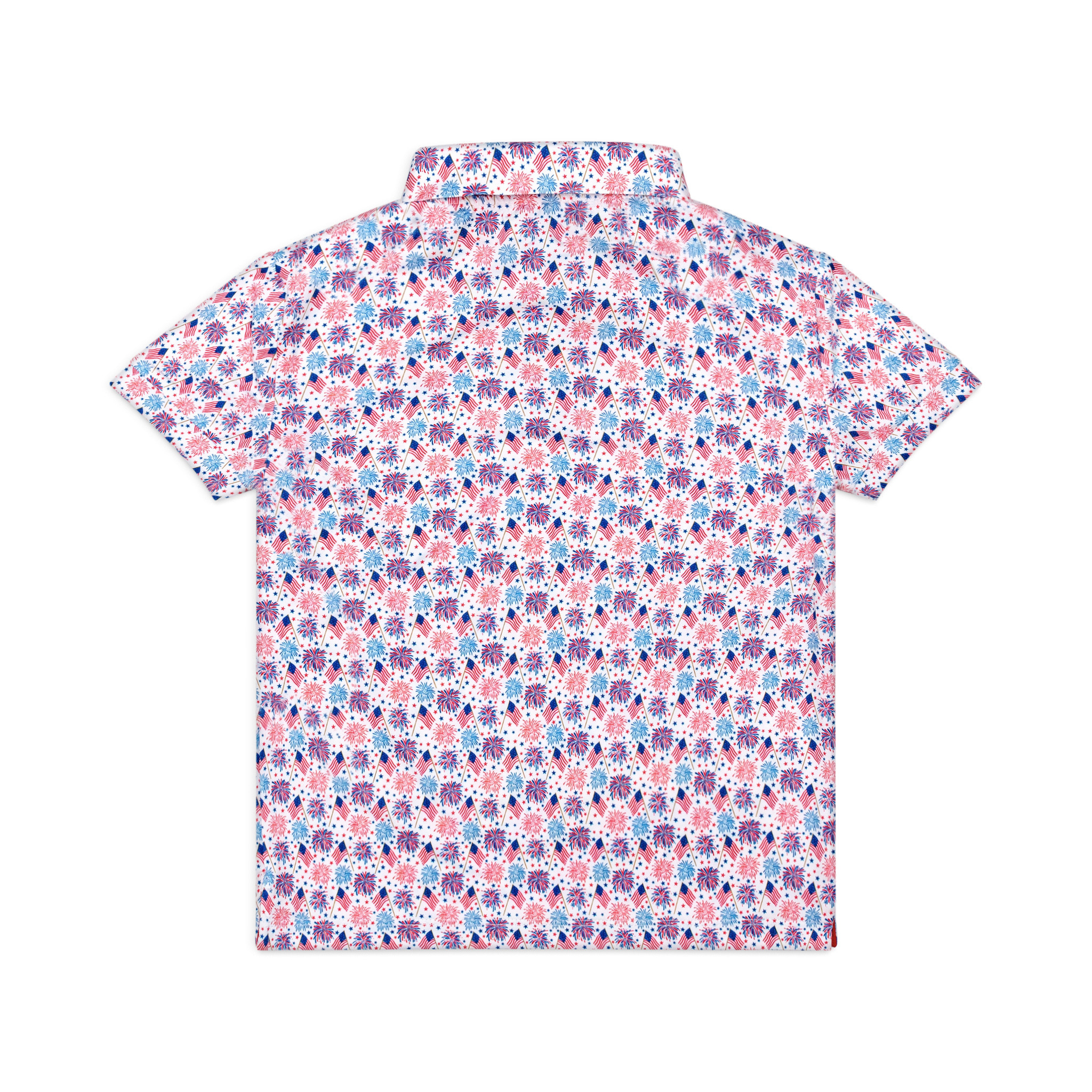 Henry Duvall boys patriotic performance polo with red white and blue fireworks and flag print, preppy UPF summer shirt for Memorial Day, 4th of July, and everyday wear