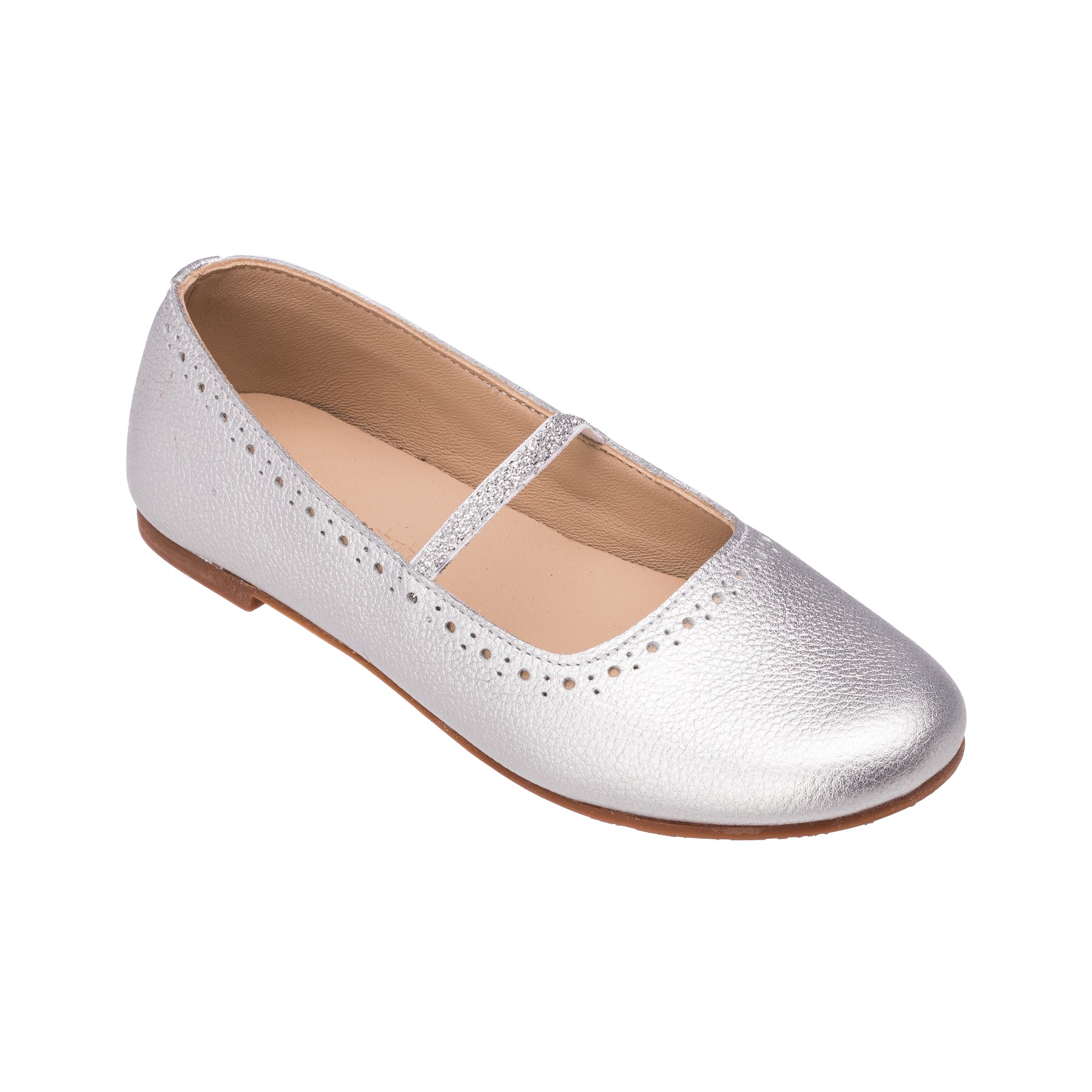 Girls silver leather ballet flats by Elephantito with shimmer elastic strap and cushioned insole, ideal for school, parties, and coordinating with Henry Duvall fall dresses