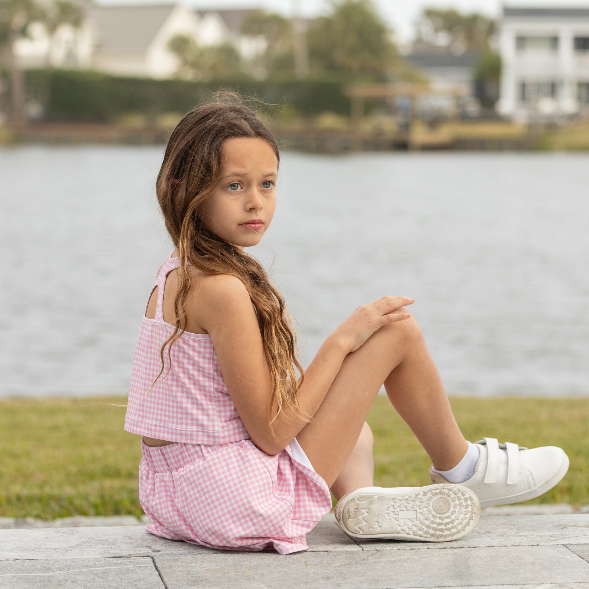 Henry Duvall girls pink gingham athleisure set with scalloped skort and matching sleeveless top, classic preppy active outfit for summer and tennis.