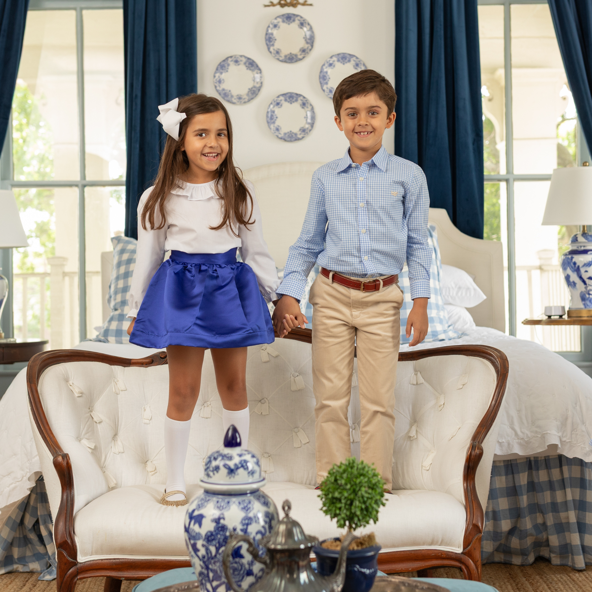 Henry Duvall Bennett Button Down in Charles Street Check blue gingham, classic boys fall dress shirt perfect for pairing with khaki corduroy trousers and coordinating sibling sets