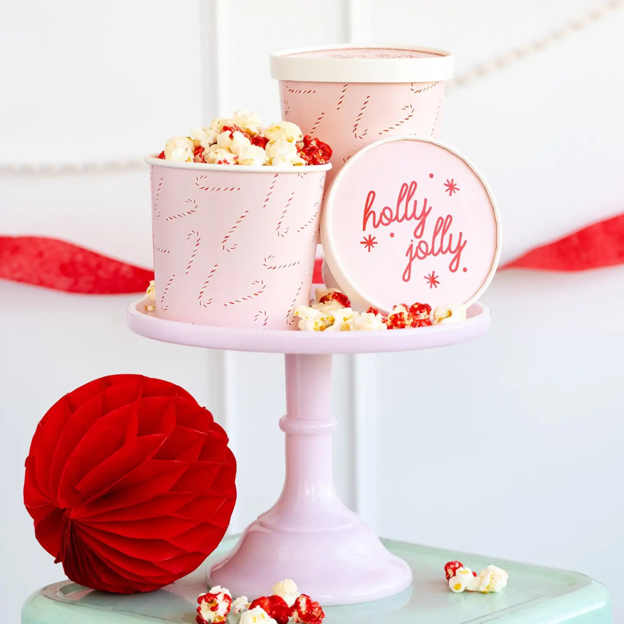 Set of 6 candy cane print Christmas treat cups with lids, perfect for cookies, party favors, or holiday leftovers