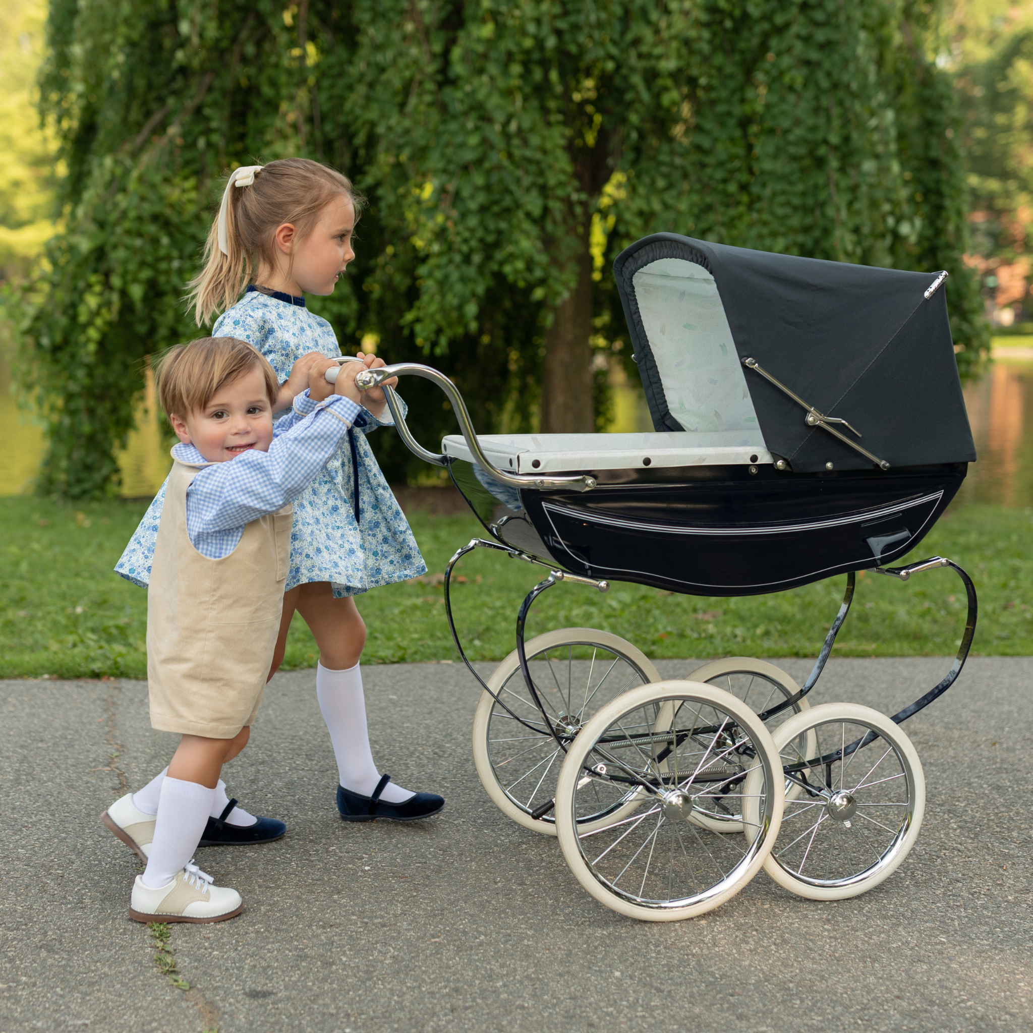 Henry Duvall Oliver Overalls in King’s Way Khaki Corduroy, classic toddler boys fall outfit with relaxed fit, perfect for layering with Peter Pan shirts or coordinating sibling looks