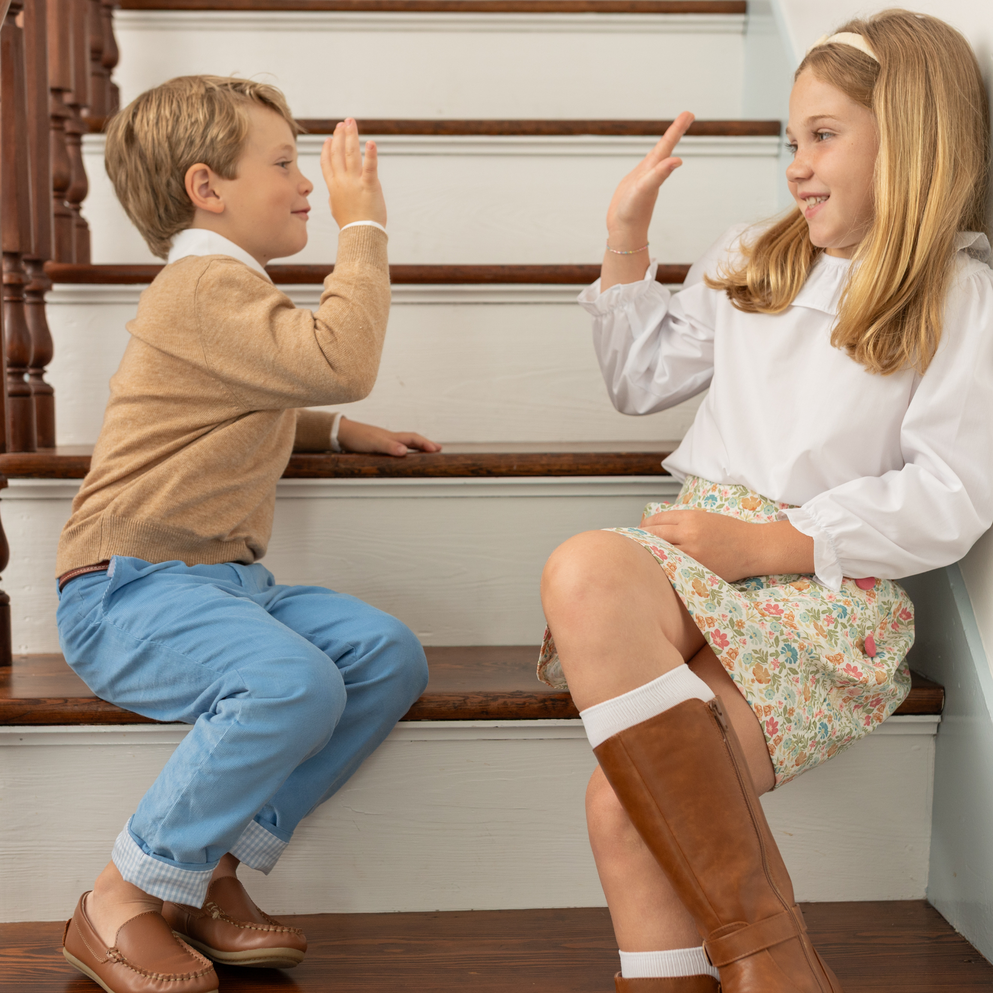 Henry Duvall Bradford Trousers in Brookhaven Blue light blue corduroy for boys, fully lined in Bay Tree Blue Check with contrast checked cuffs that can be rolled up or worn down.