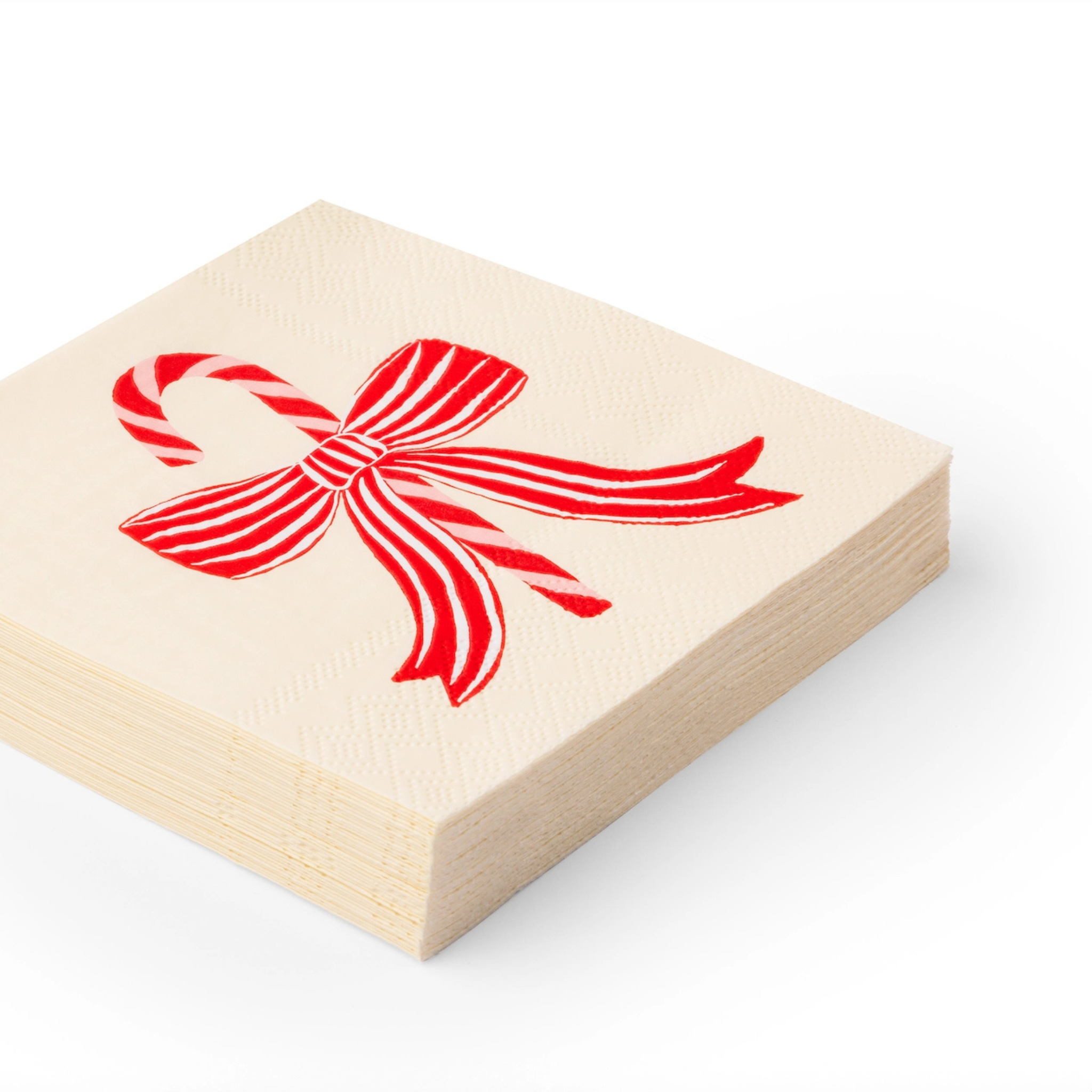 Christmas cocktail napkins with candy cane and red bow design, perfect for holiday entertaining or kids' parties
