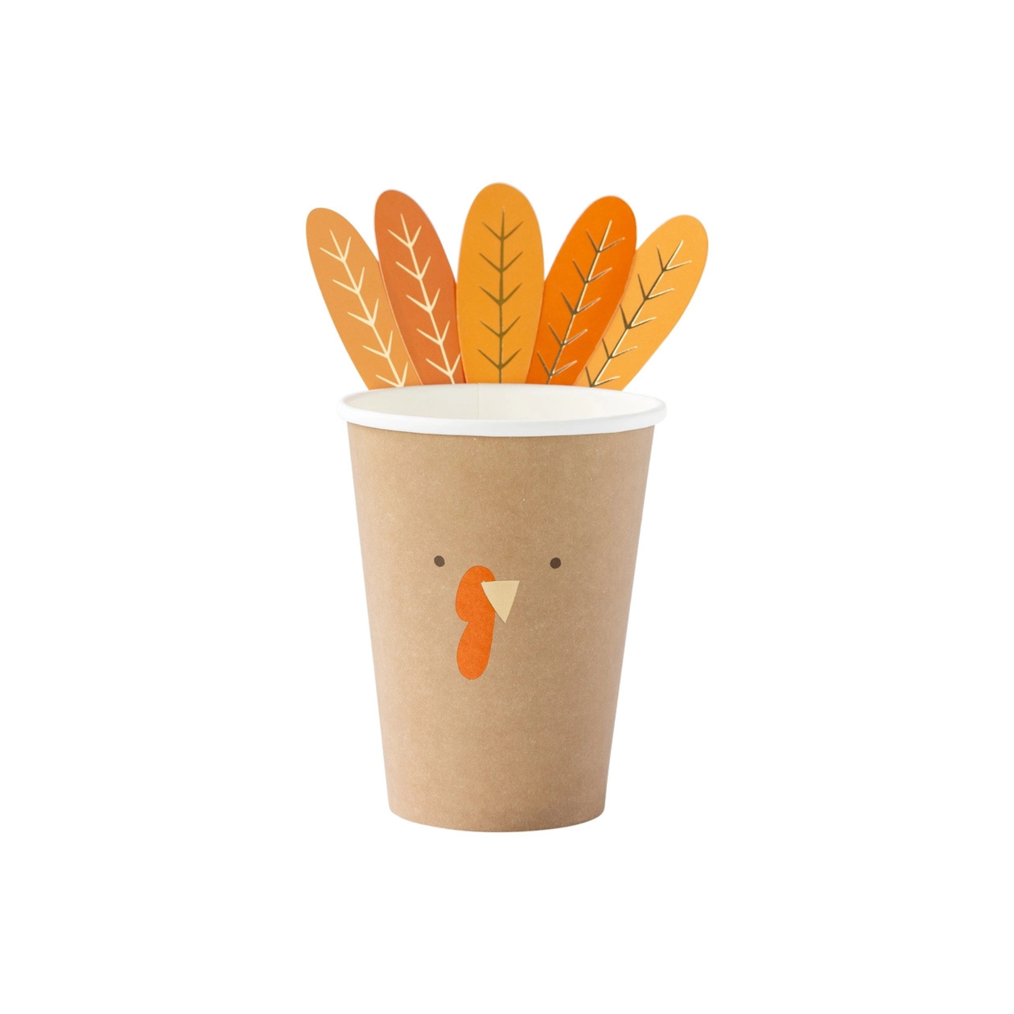 Thanksgiving turkey paper cups with gold foil and adhesive feathers, set of 8 festive 12 oz cups perfect for the kids’ holiday table