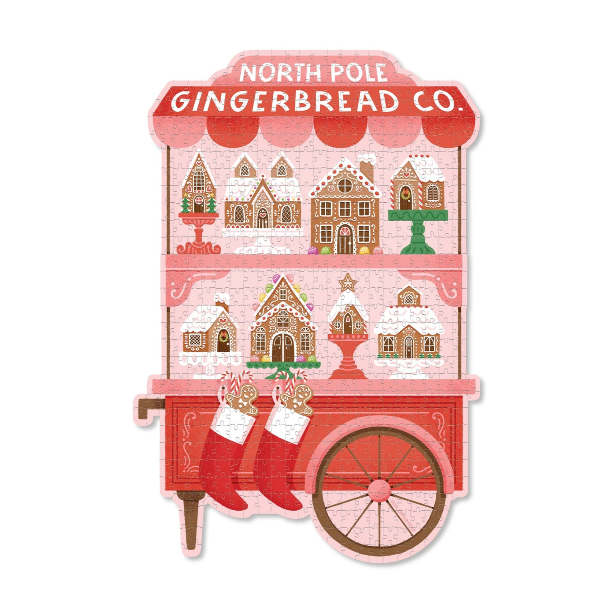 Shaped Christmas puzzle featuring a vintage gingerbread candy cart illustration