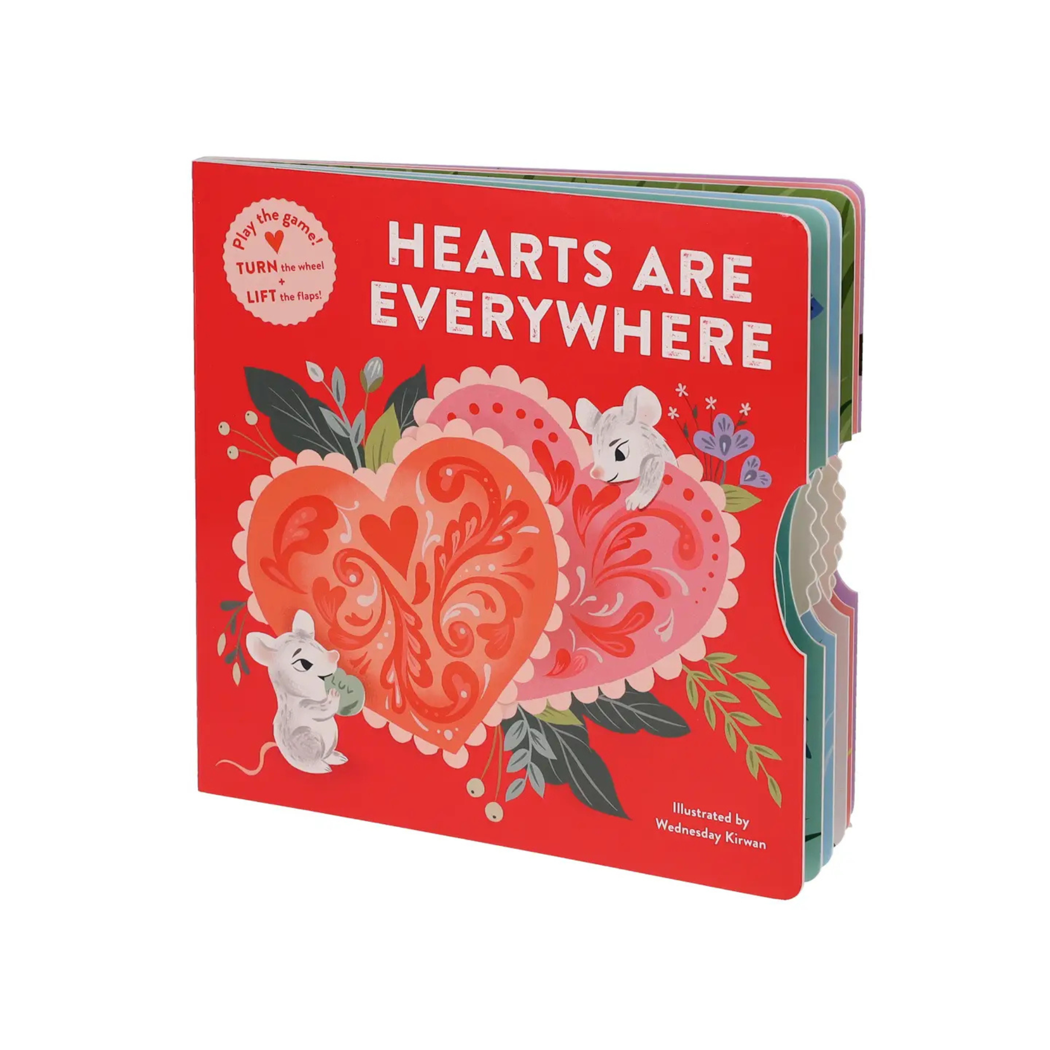 Interactive Valentine’s Day hide-and-seek book where children spin a wheel to hide a heart and lift flaps to find it.