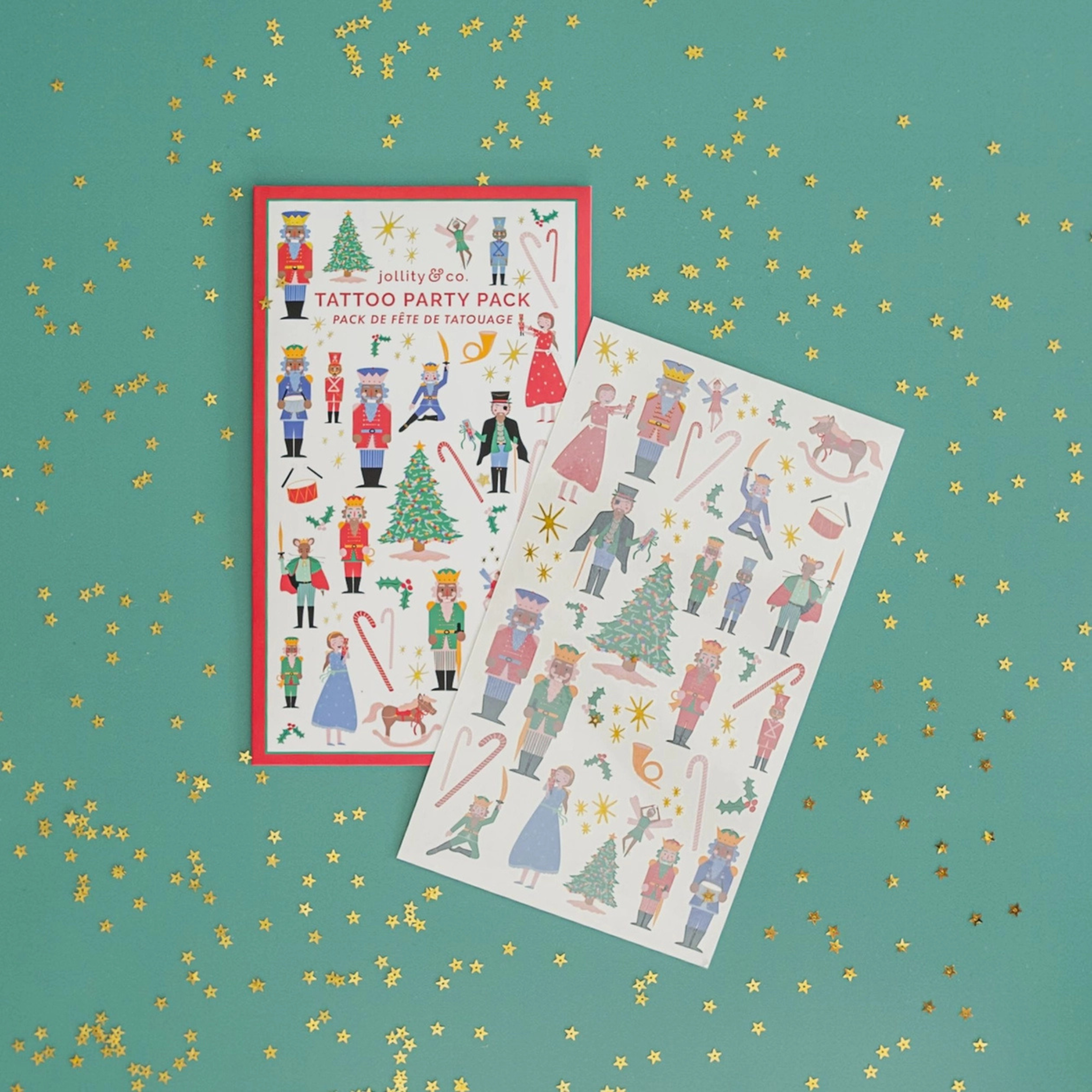 Nutcracker-themed kids tattoo sheets with festive illustrations of holiday characters, perfect stocking stuffer or party favor for Christmas fun