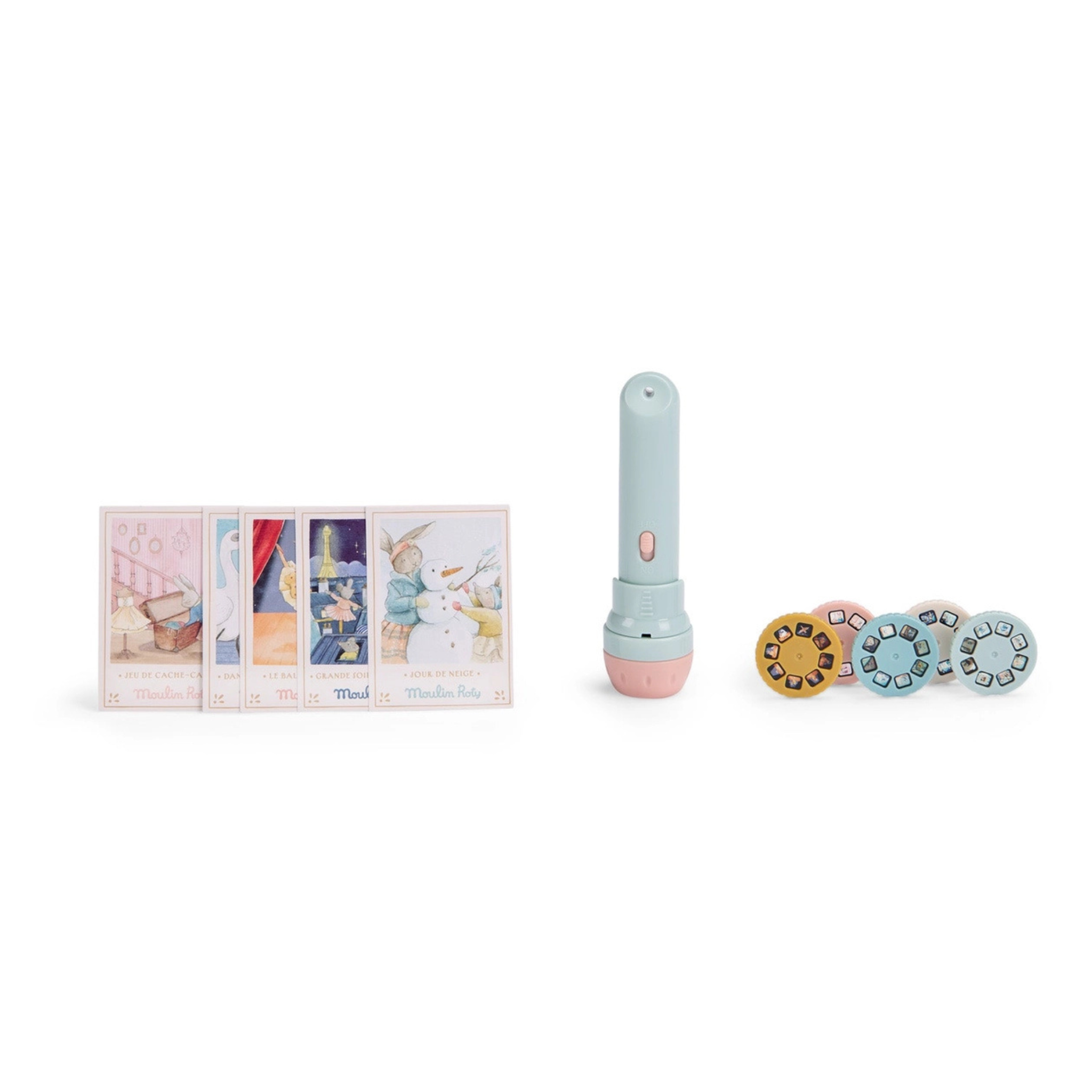 Ballet-themed children’s projection set featuring a storybook-shaped keepsake box, handheld projector, 5 illustrated reels, and two mini postcard invitations, styled with pastel tones and whimsical illustrations