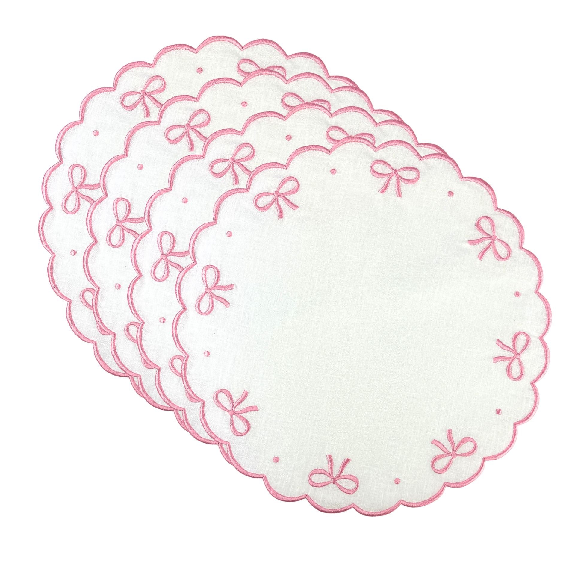 100% Linen - Studio Collection: Juliet Bows Placemats in White/Pink, Set of 4 - Henry Duvall