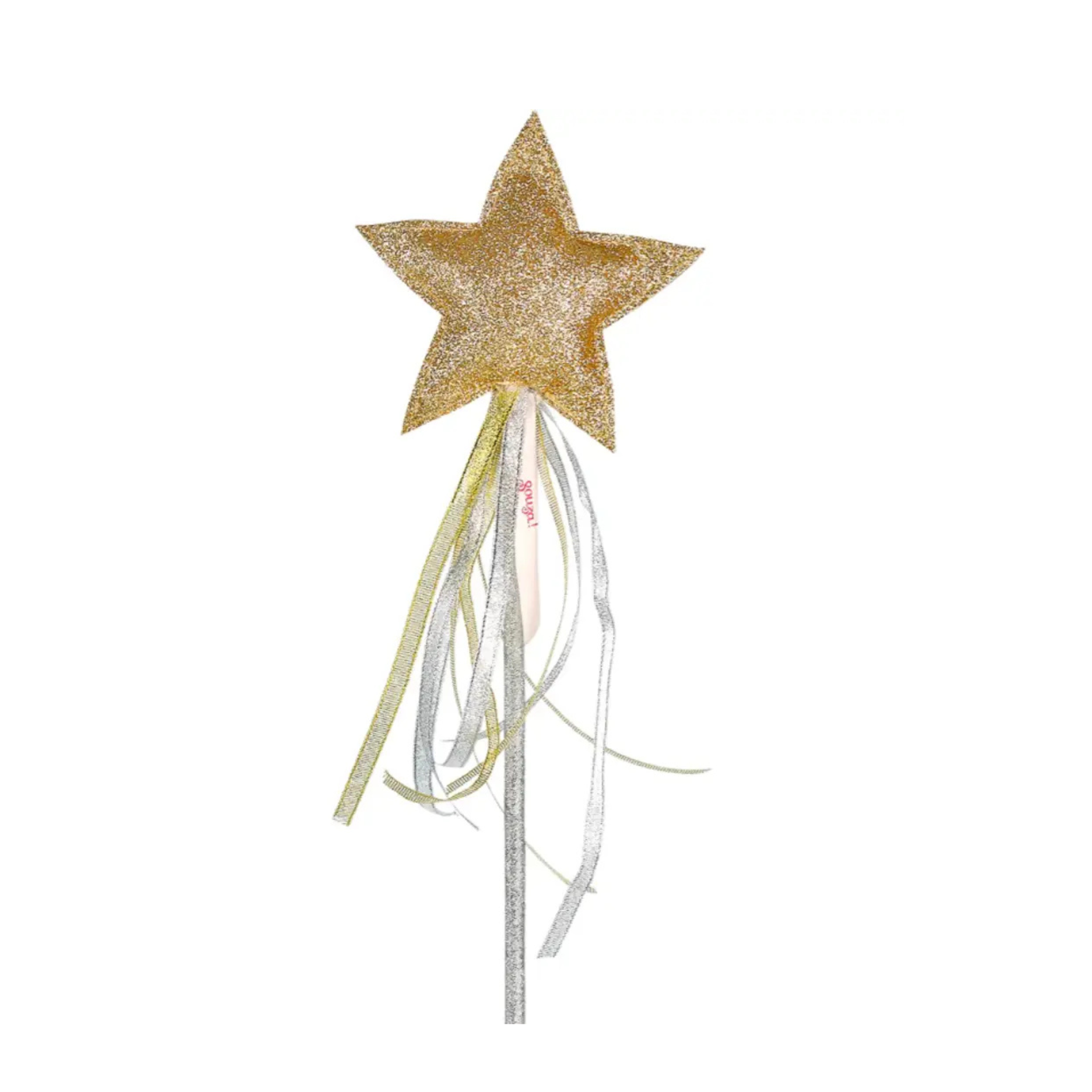 Gold star dress-up wand with satin ribbon streamers, perfect stocking stuffer or holiday accessory for little girls