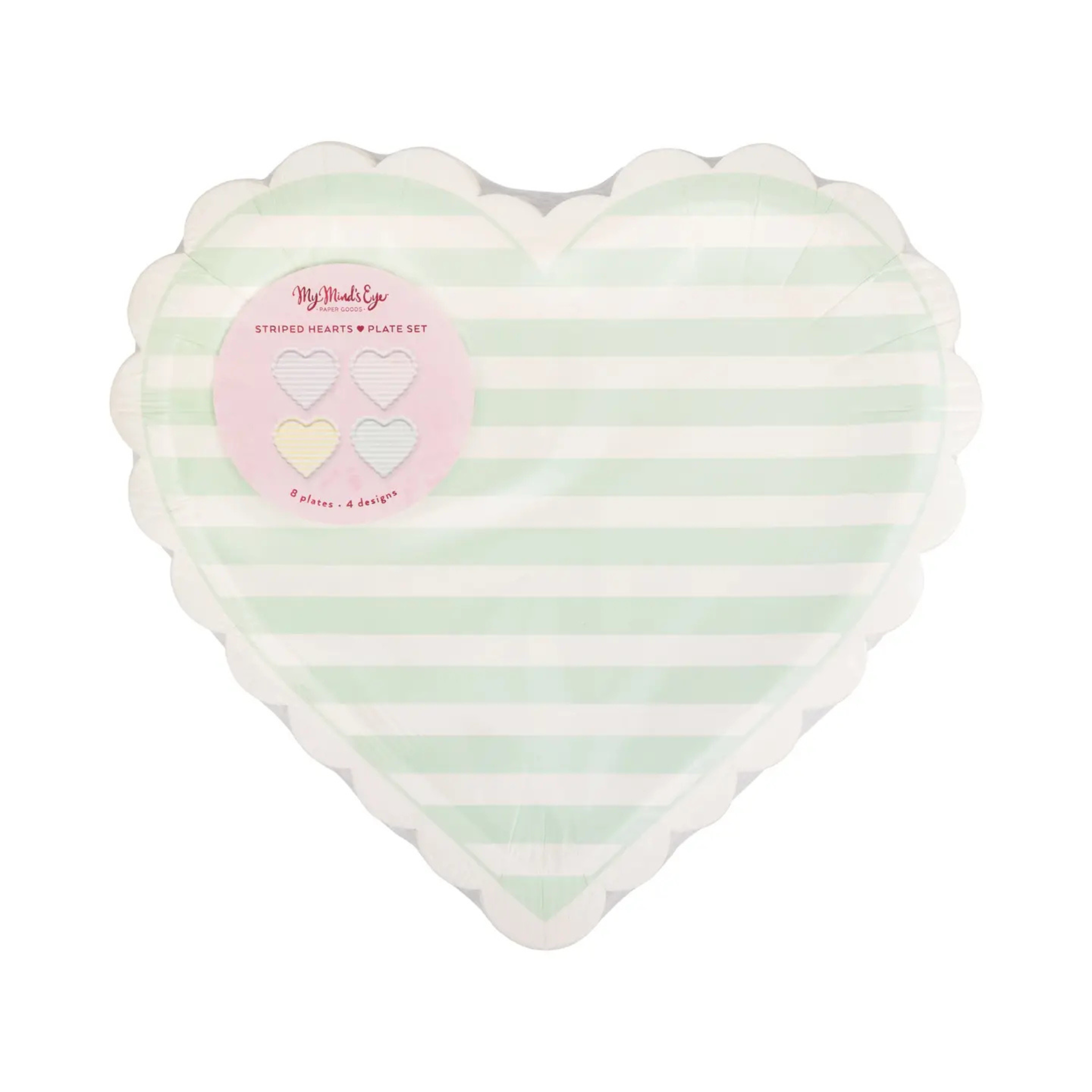 Set of 8 striped heart Valentine paper plates in four designs, valentines day decor