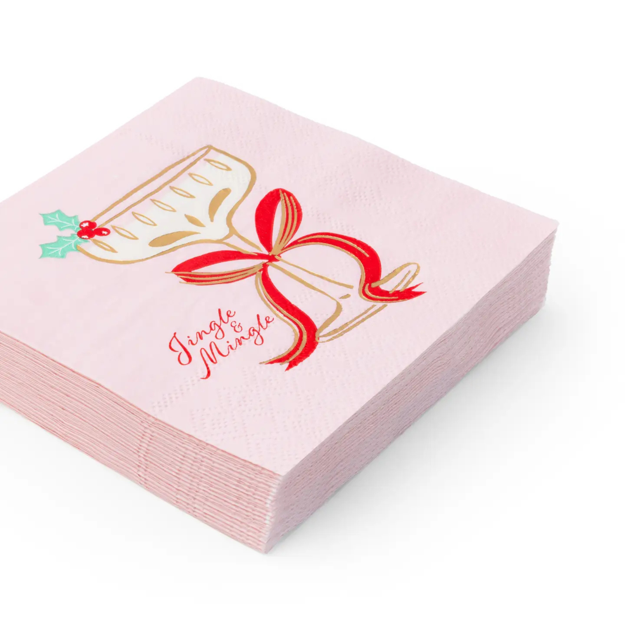 Pink cocktail napkin featuring a vintage-style coupe glass with gold detailing, holly leaves, and a red striped bow, with the phrase “Jingle & Mingle” in red script.