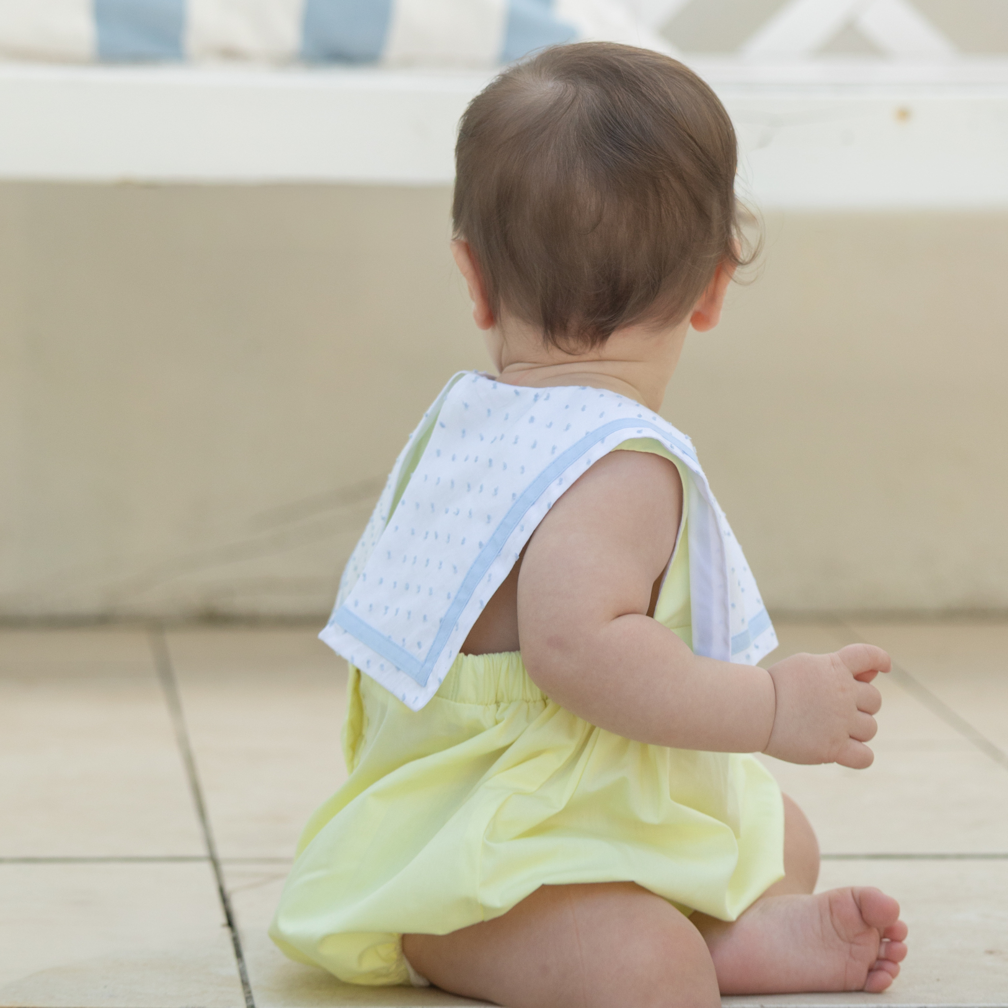 Henry Duvall Saylor Bubble in soft yellow fabric with blue Swiss dot sailor collar and trim, classic heirloom baby boy summer bubble outfit