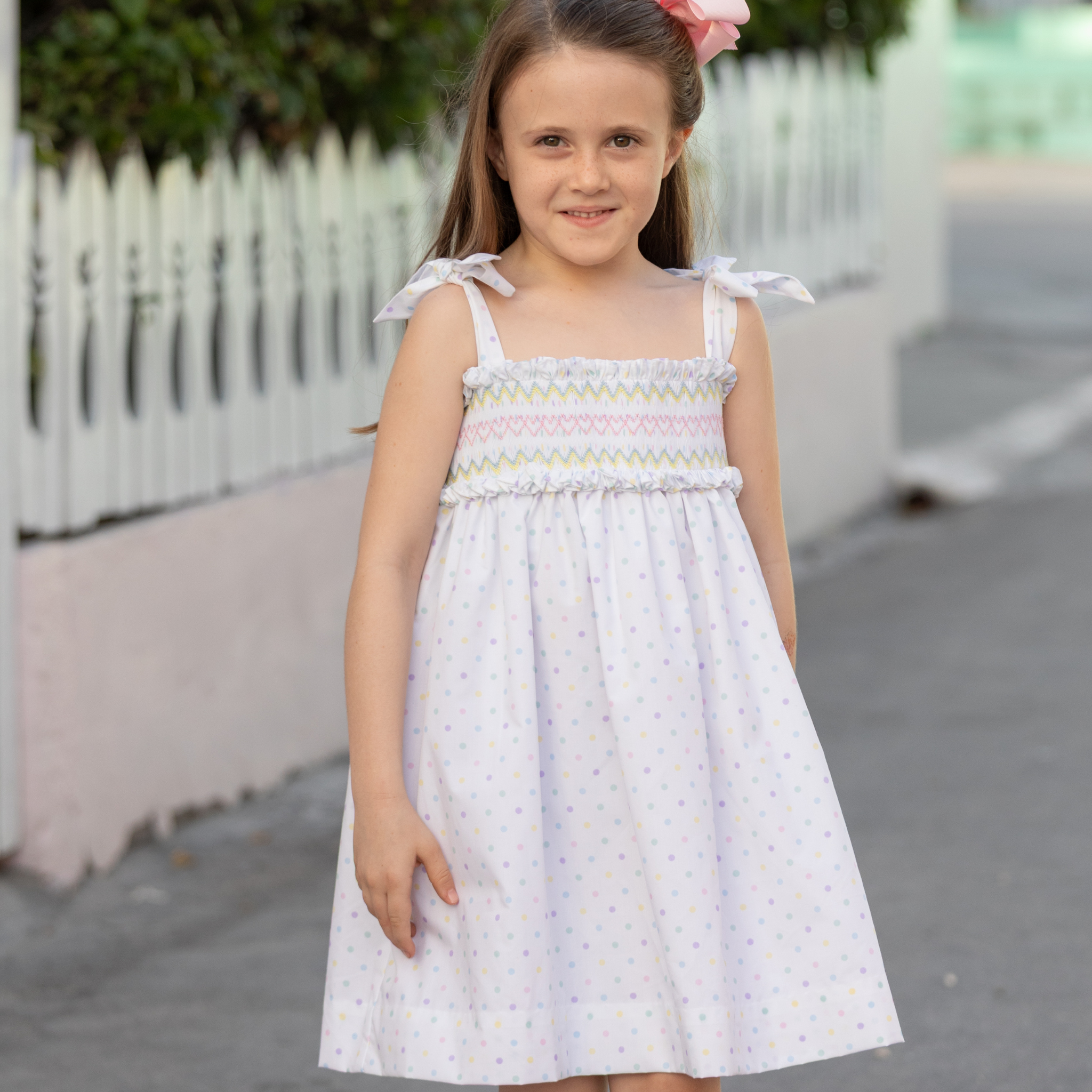 Henry Duvall Daisy Dress in Dunmore Dot print with hand-smocked bodice and shoulder bow ties, classic heirloom summer dress for girls
