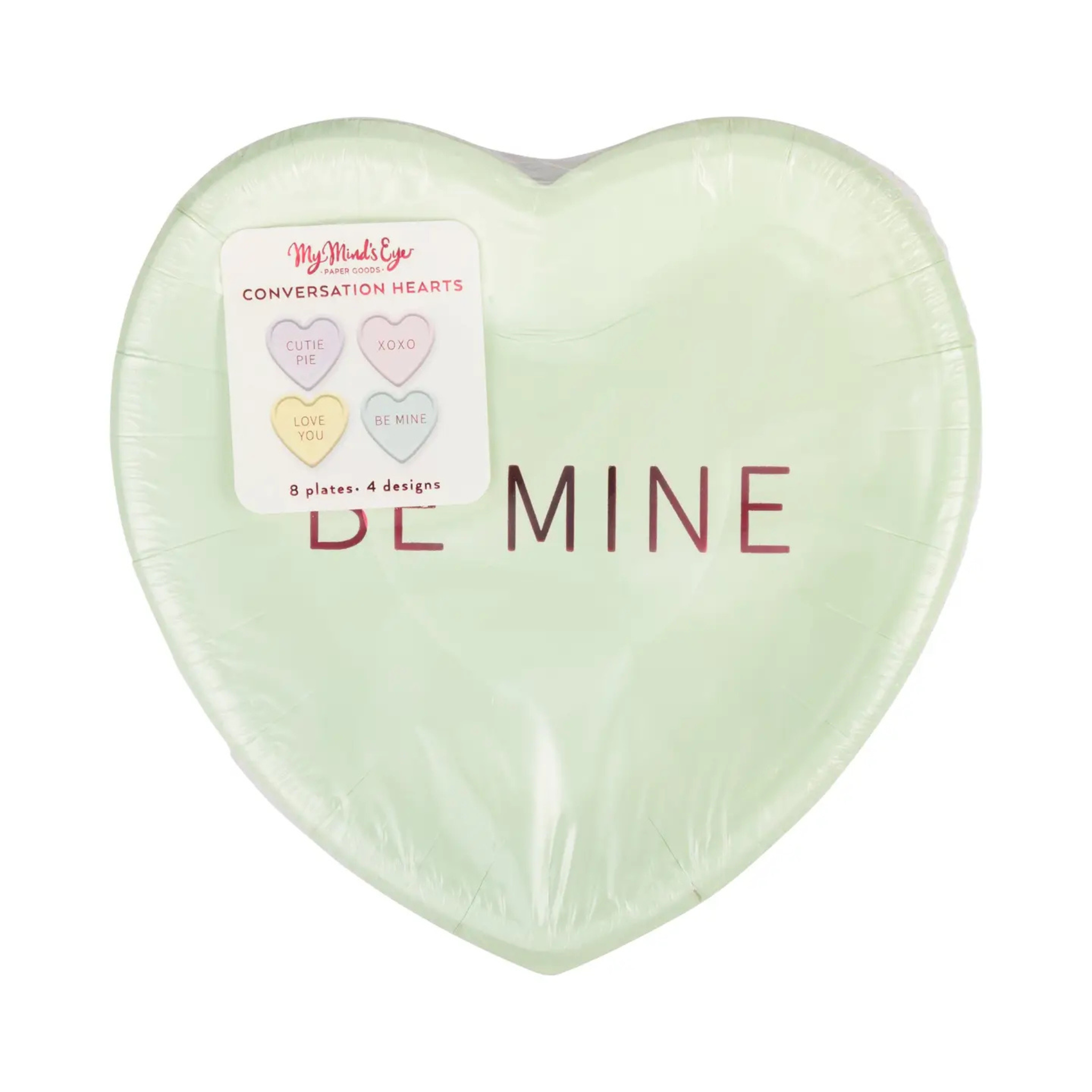 Set of 8 conversation heart–themed paper dessert plates in four designs, valentines day decor