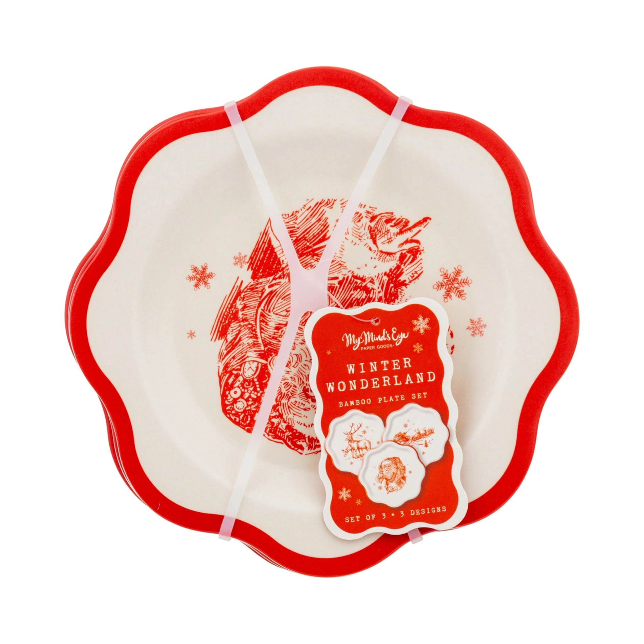 Set of three reusable red and cream Christmas bamboo plates with scalloped edges, featuring vintage-style illustrations of Santa Claus, reindeer, and a sleigh ride