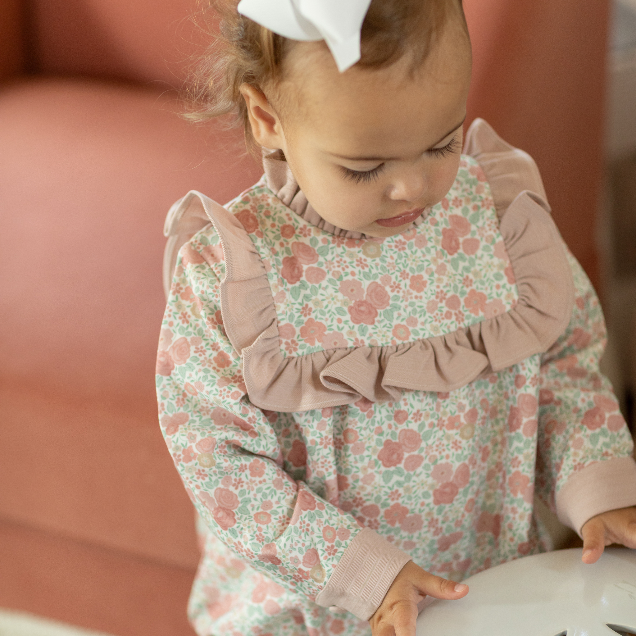 Henry Duvall Nora Bubble in Beacon Hill Blooms with Parker Pink Herringbone trim, classic fall baby girl outfit with ruffle details, traditional heirloom bubble for portraits and holidays