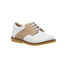 Elephantito white and tan leather saddle shoes for boys with laces, classic style with cushioned insole and rubber sole, perfect for school and fall outfits at Henry Duvall.