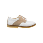 Elephantito white and tan leather saddle shoes for boys with laces, classic style with cushioned insole and rubber sole, perfect for school and fall outfits at Henry Duvall.