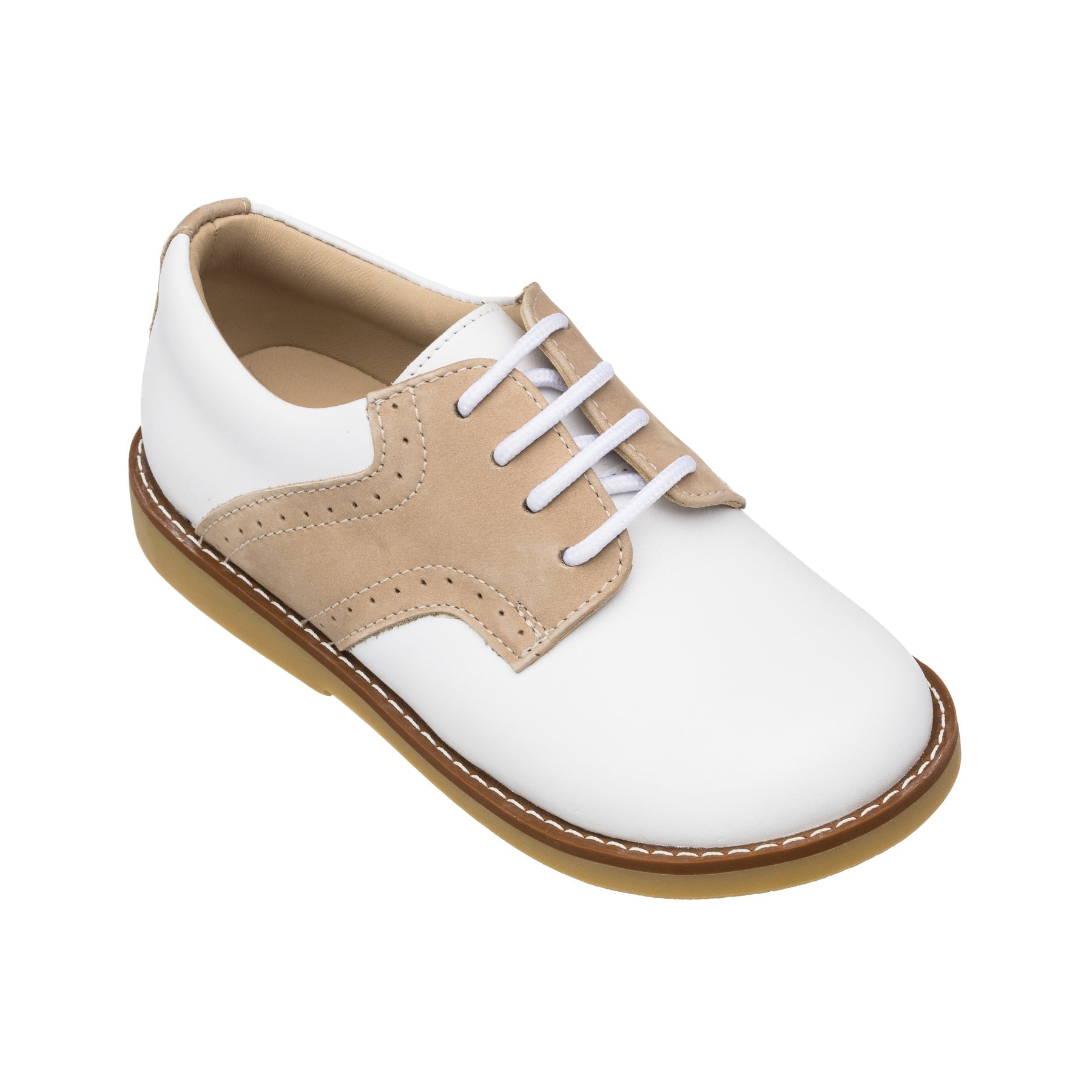 Elephantito white and tan leather saddle shoes for boys with laces, classic style with cushioned insole and rubber sole, perfect for school and fall outfits at Henry Duvall.