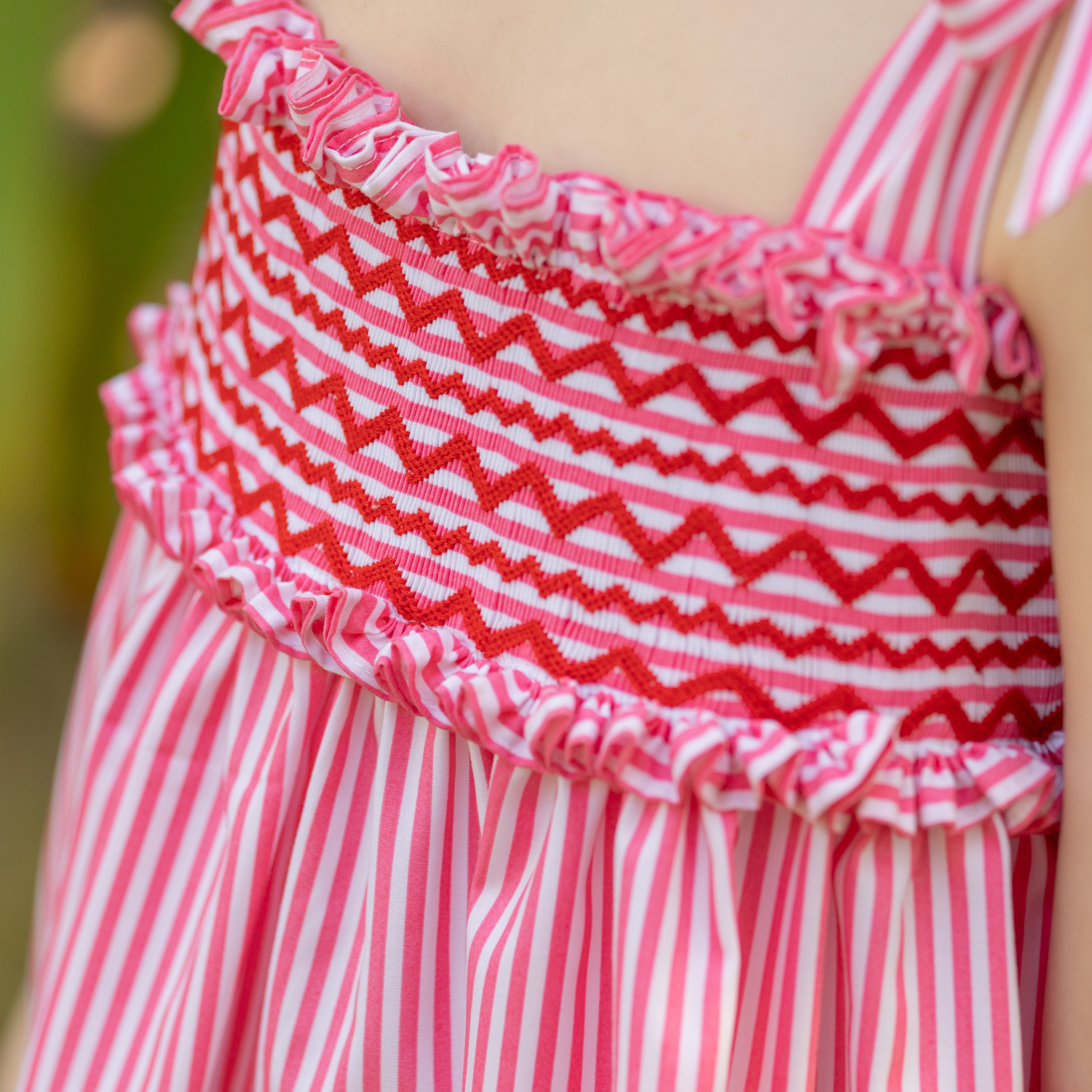 Henry Duvall Daisy Dress in red & white stripe print with hand-smocked bodice and shoulder bow ties, classic heirloom summer dress for girls