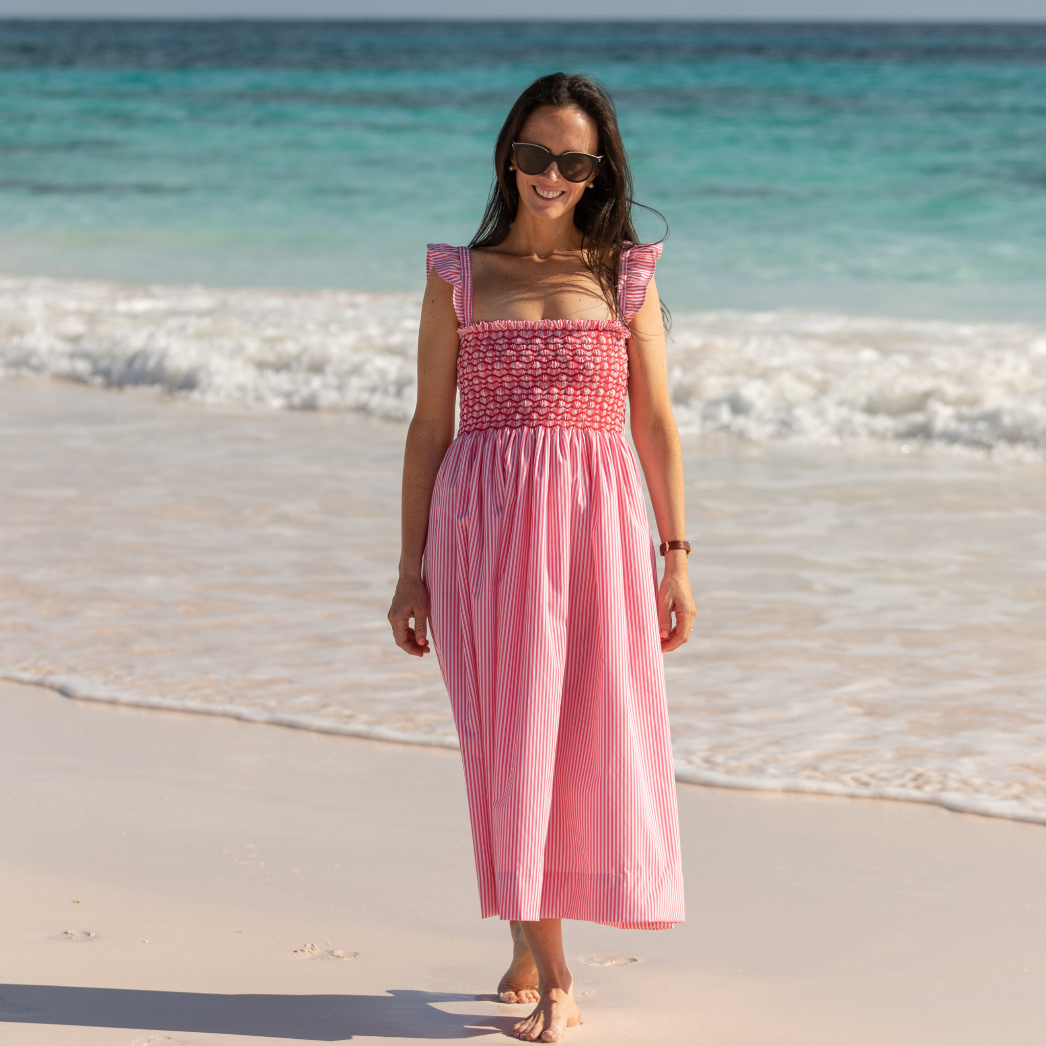Henry Duvall Kate Dress for women in Sconset Stripe, a classic summer dress with smocked embroidered bodice and full gathered skirt.