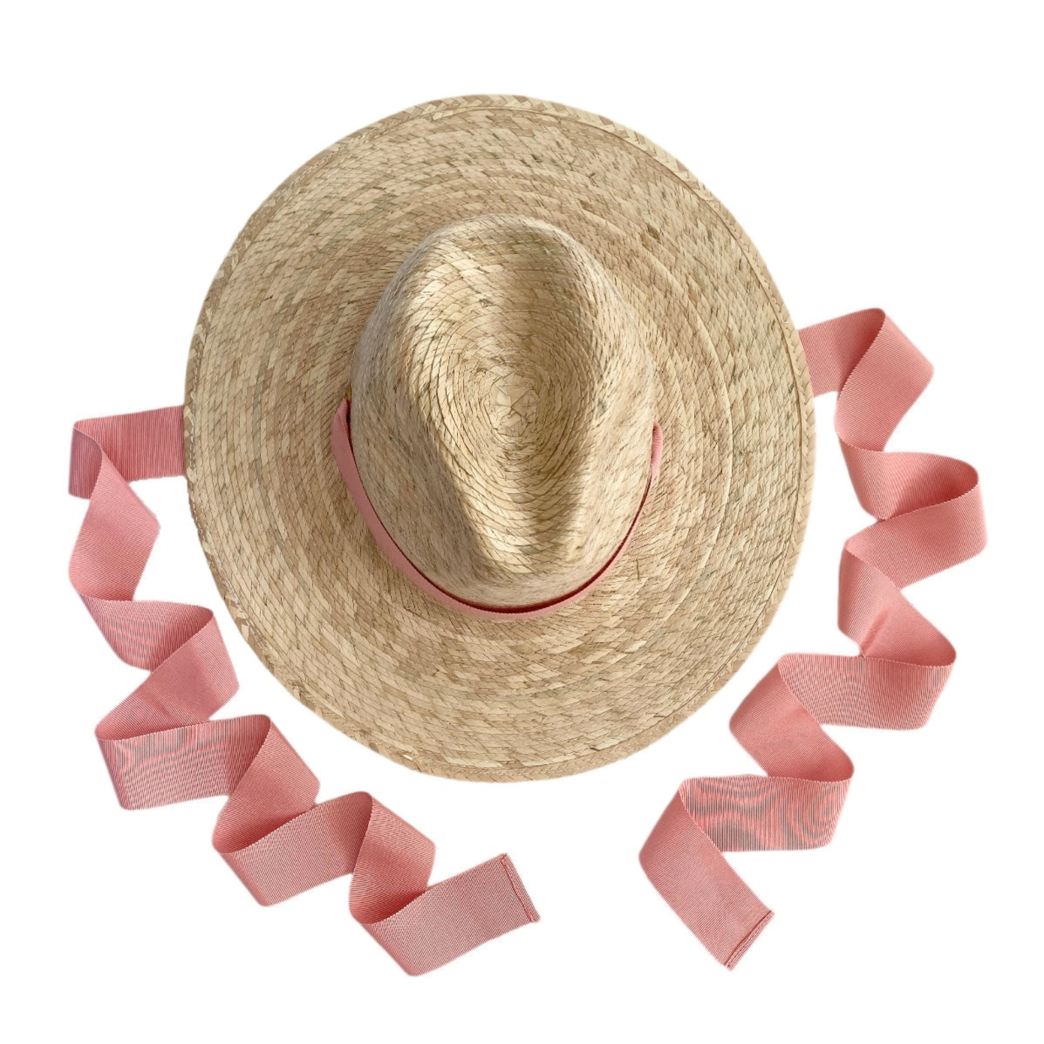 Straw hat with pink ribbon on a white background