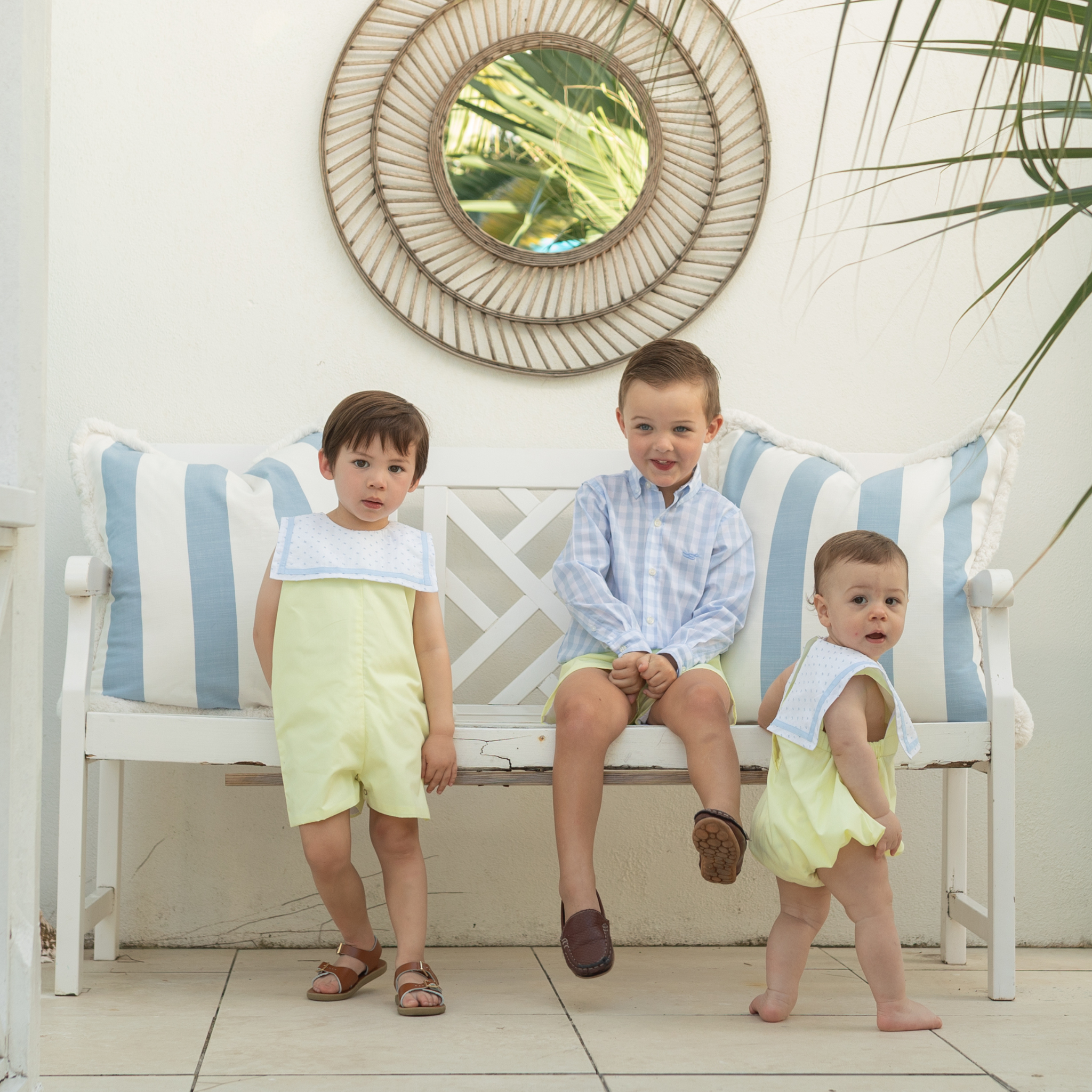 Henry Duvall Saylor Bubble in soft yellow fabric with blue Swiss dot sailor collar and trim, classic heirloom baby boy summer bubble outfit