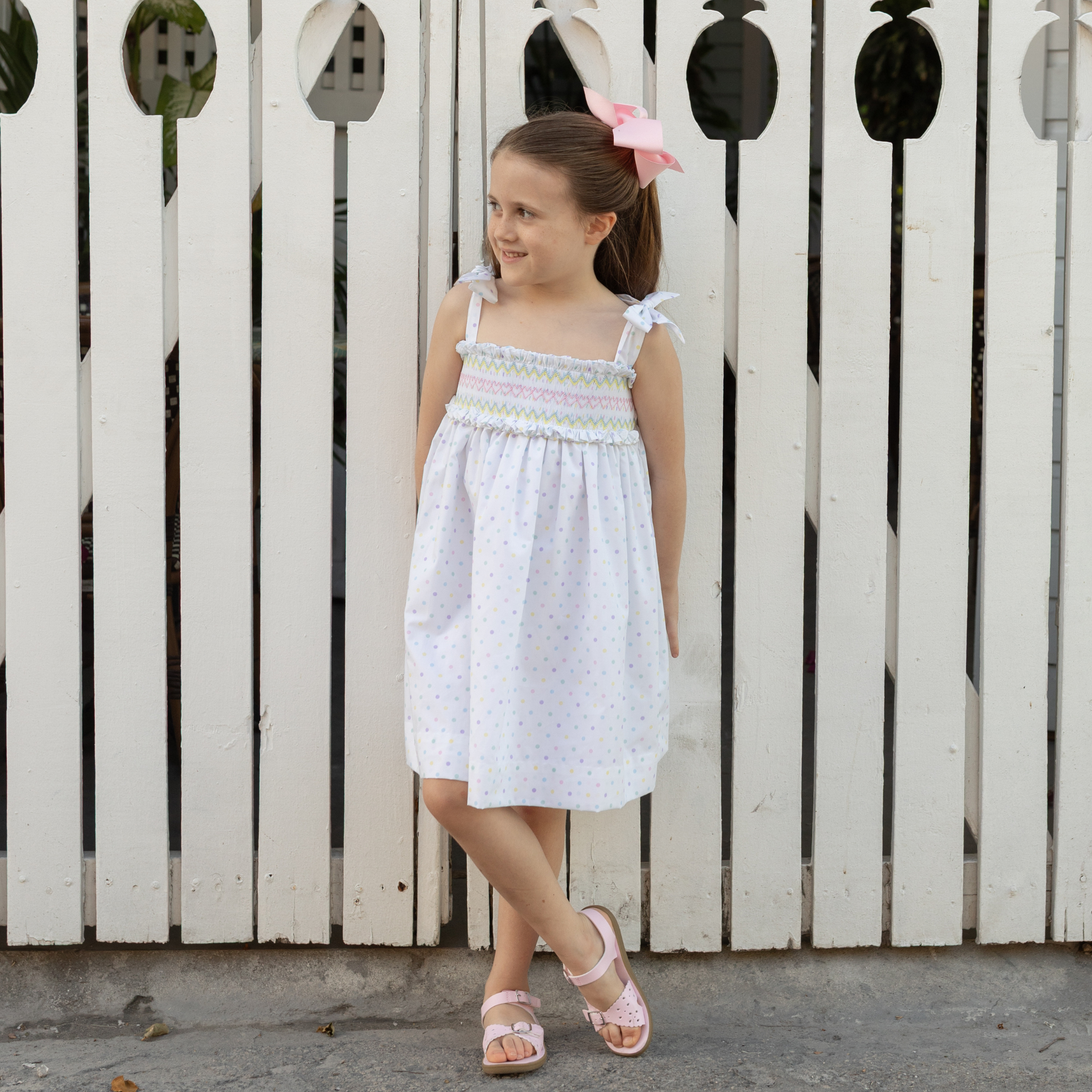 Henry Duvall Daisy Dress in Dunmore Dot print with hand-smocked bodice and shoulder bow ties, classic heirloom summer dress for girls