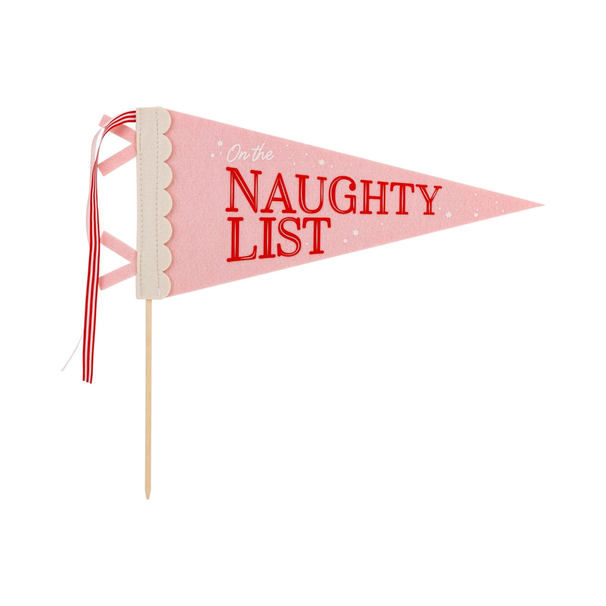 Packaged set of two festive felt pennants with scalloped edges, one in cream with “On the Nice List” in red and pink, and one in soft pink with “On the Naughty List,” ideal for kids' Christmas parties or playful holiday decor