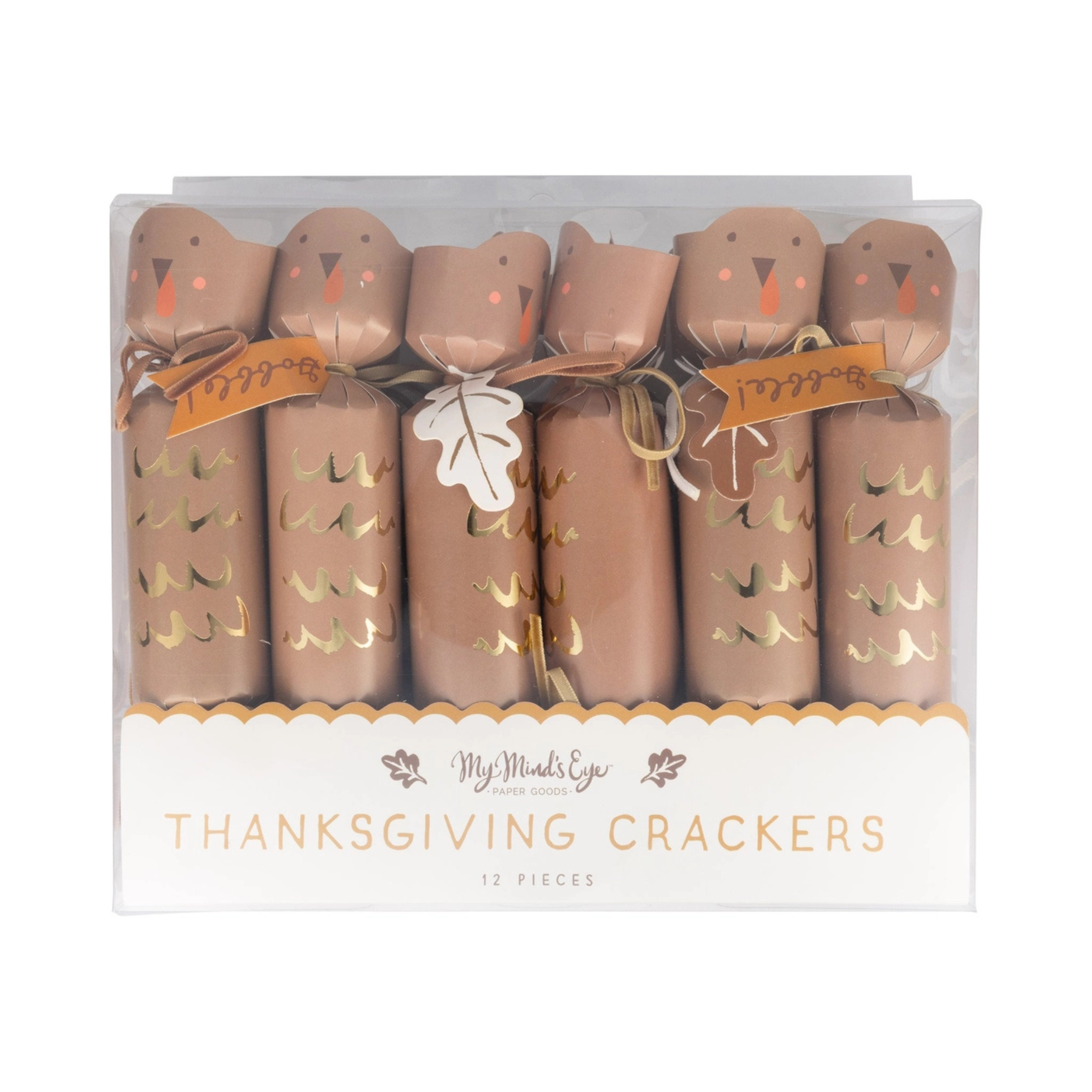 Turkey-shaped Thanksgiving party crackers with tissue crowns, dice, and mini games – festive table decorations for holiday gatherings