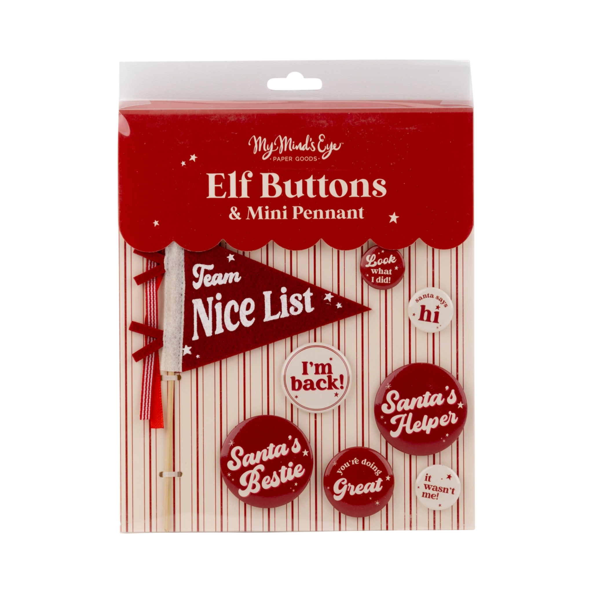 Set of festive mini buttons and pennants designed for Elf on the Shelf displays, perfect for welcoming your holiday elf back from the North Pole