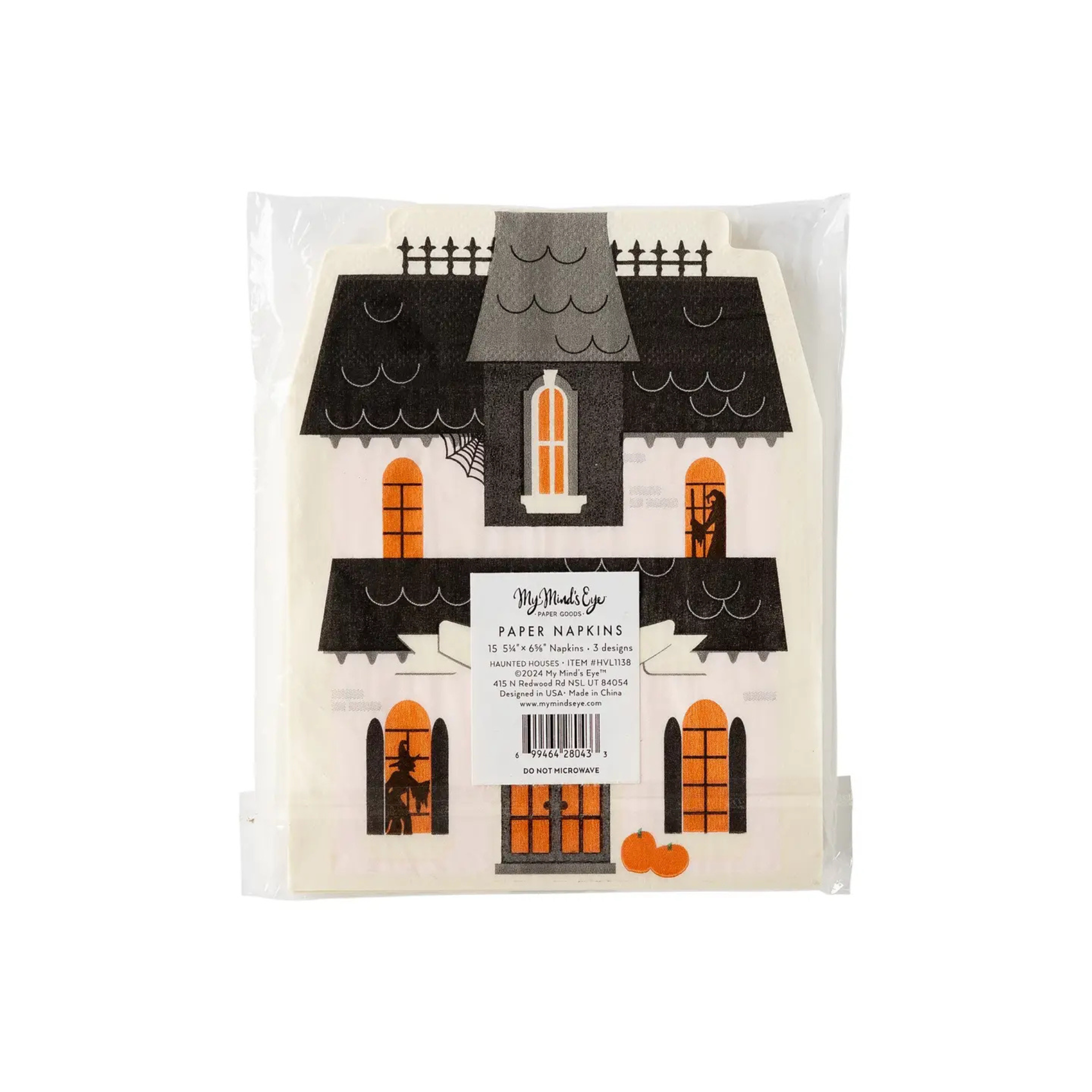 Set of 15 Haunted House Napkins in three designs with copper foil accents, shaped Halloween paper napkins for festive kids parties and trick-or-treat tables