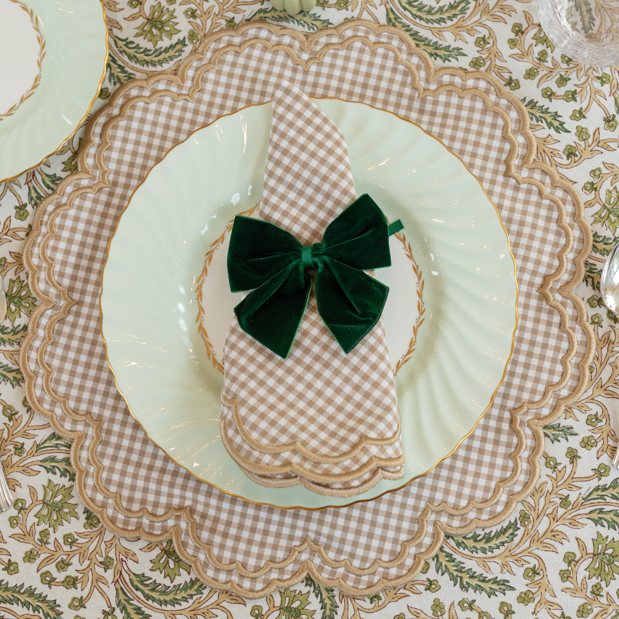 Harvest Fable tablecloth with green and gold block print, styled for Thanksgiving with gingham accents