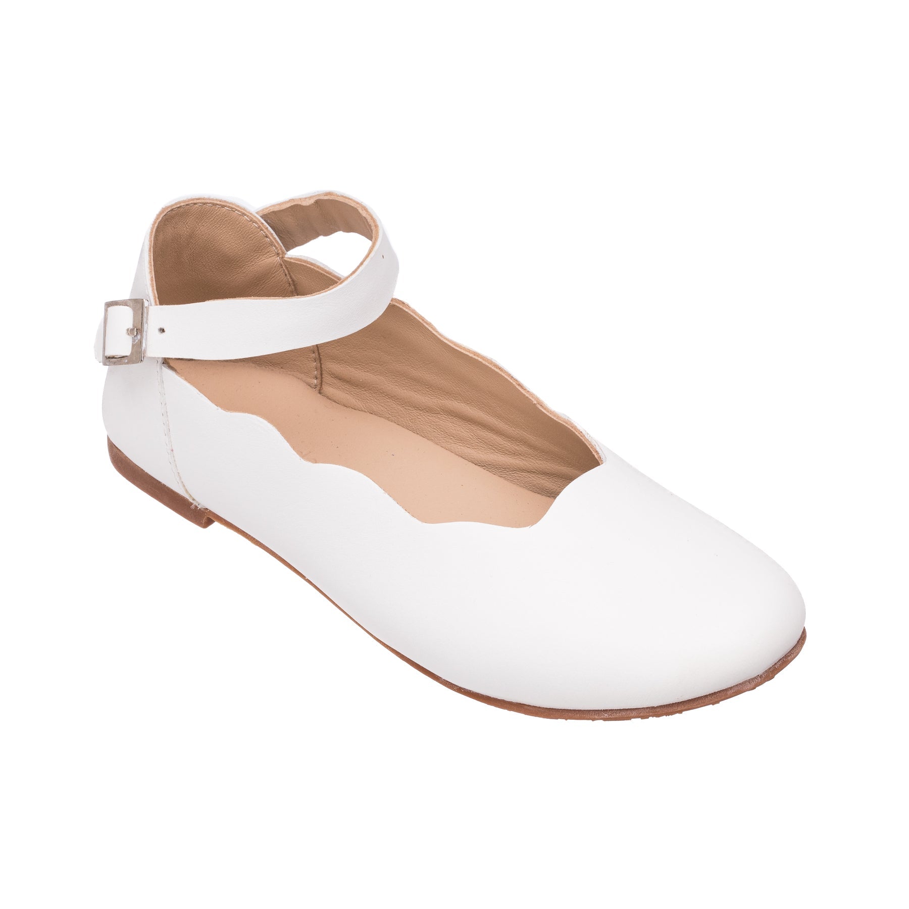 White leather ballet flats for girls with scalloped edges and ankle strap by Elephantito, perfect for pairing with Henry Duvall fall dresses and holiday outfits