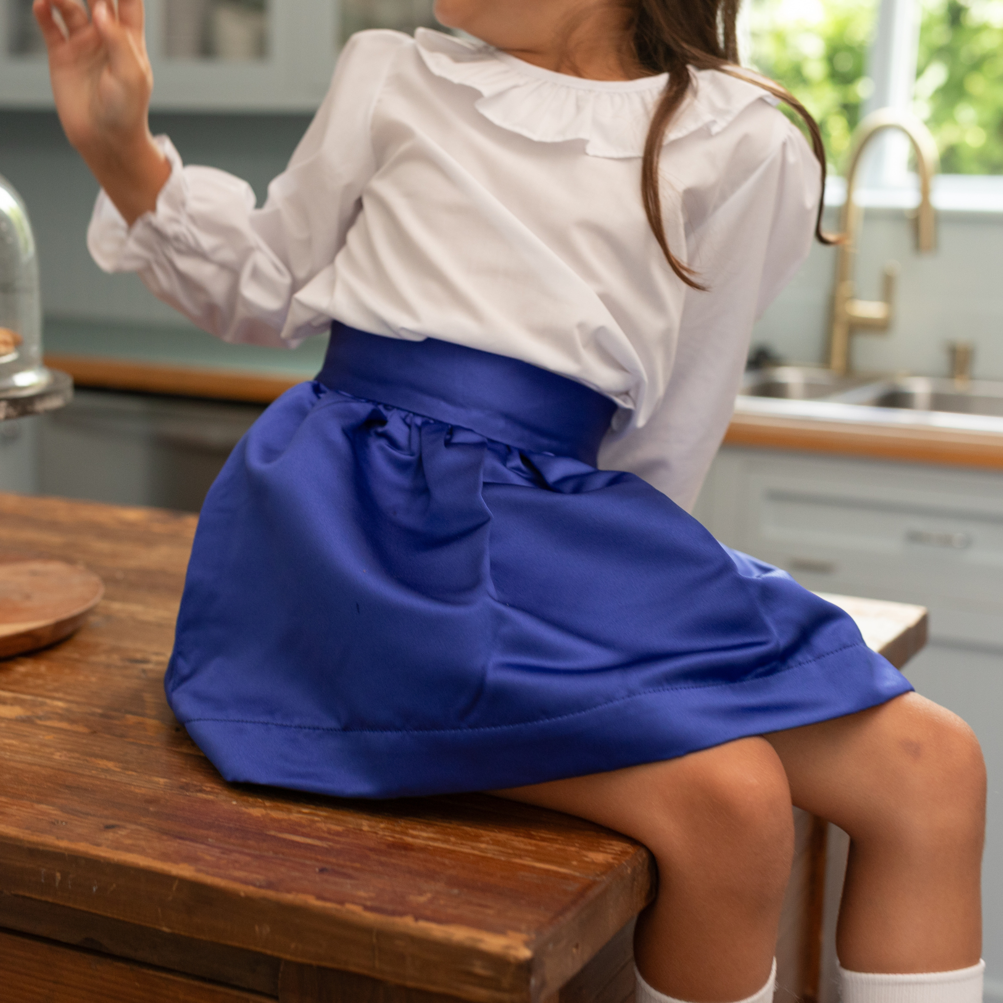 Henry Duvall Sutton Skirt in Boylston Blue, classic fall skirt for older girls designed for subtle sibling coordination with Prescott Plaid and Prescott Petals