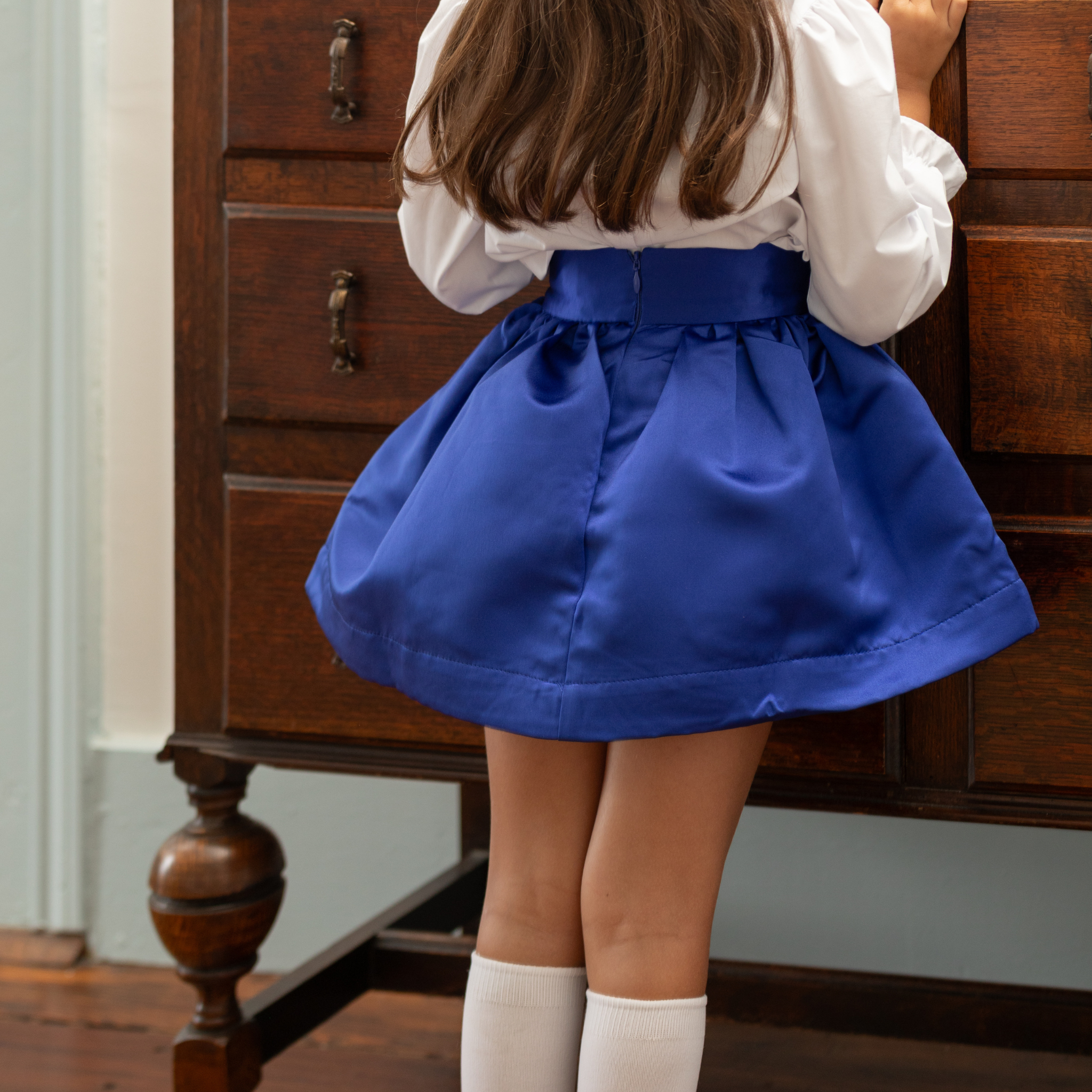 Henry Duvall Sutton Skirt in Boylston Blue, classic fall skirt for older girls designed for subtle sibling coordination with Prescott Plaid and Prescott Petals