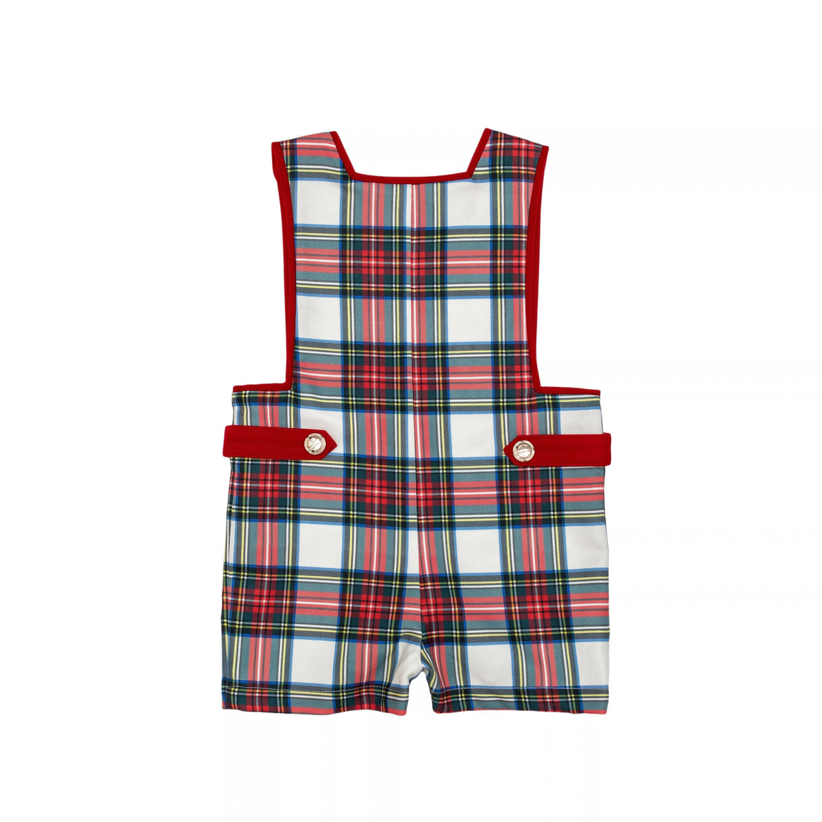 James Henry Jon Jon in Townsend Tartan, a red and green plaid holiday outfit for baby and toddler boys with red velvet trim and gold buttons.