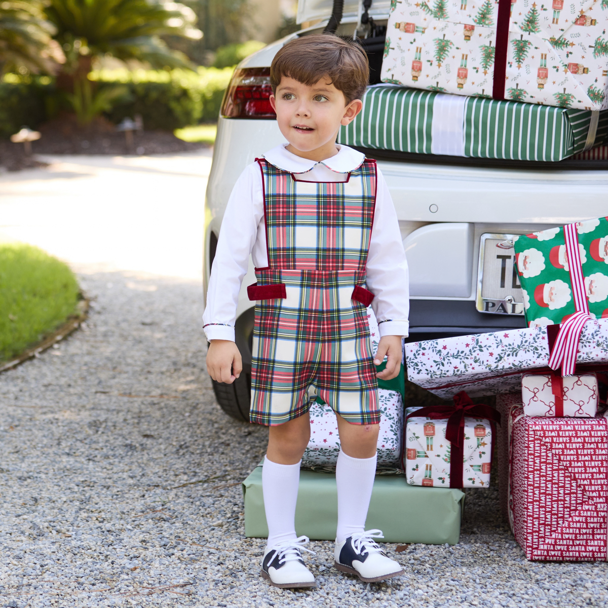 James Henry Jon Jon in Townsend Tartan, a red and green plaid holiday outfit for baby and toddler boys with red velvet trim and gold buttons.