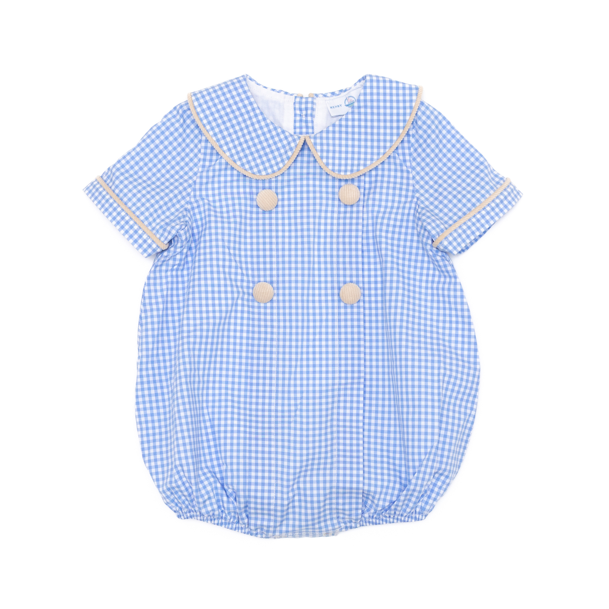 Henry Duvall Banks Bubble in classic blue Charles Street Check with King’s Way Khaki Corduroy trim, classic fall baby boy outfit with covered buttons and diaper snaps