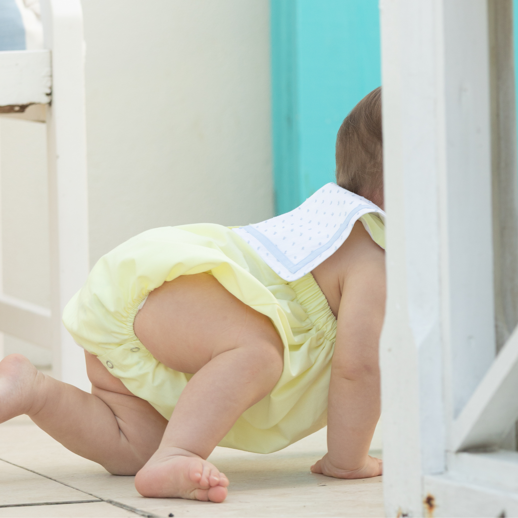 Henry Duvall Saylor Bubble in soft yellow fabric with blue Swiss dot sailor collar and trim, classic heirloom baby boy summer bubble outfit