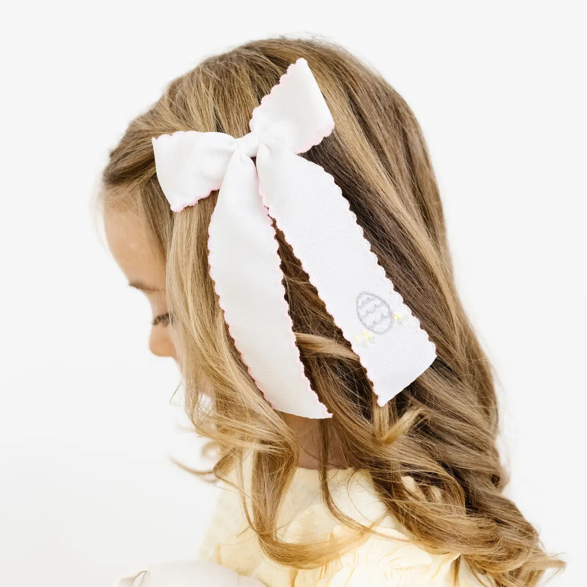 White grosgrain bow with pink moonstitch trim and embroidered Easter eggs, Easter Accessory