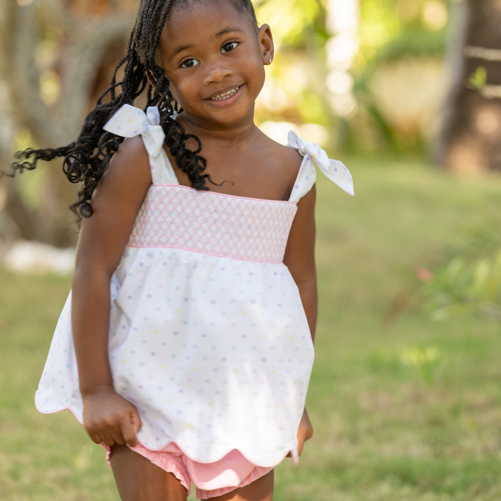Henry Duvall Betsy Bloomer Set with hand-smocked top in Dumnore Dot print and matching pink bloomers, classic heirloom baby girl summer outfit with shoulder ties