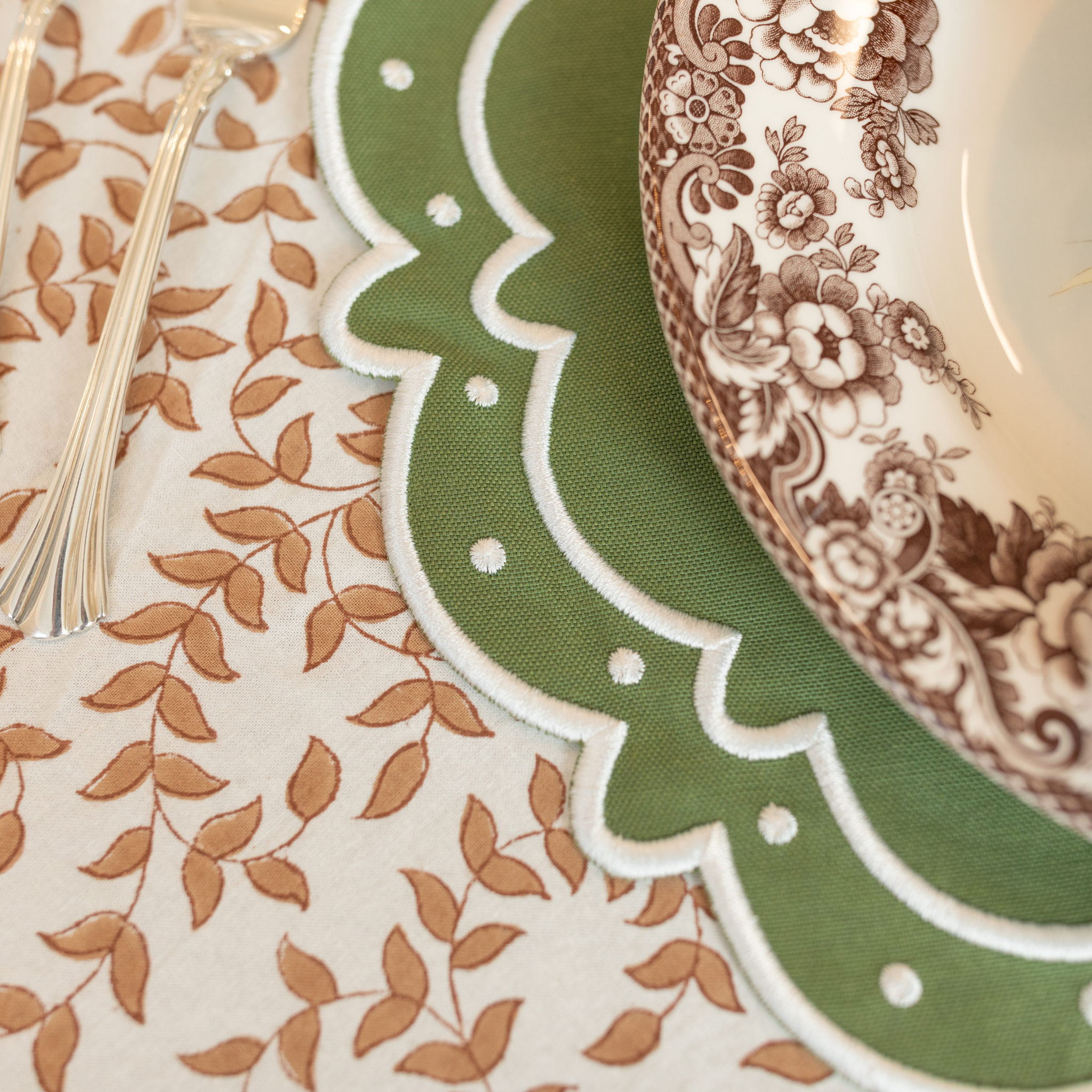 Woodland Leaves Thanksgiving tablecloth in warm golden leaf block print on ivory cotton, handcrafted by Flying Sheep Country, perfect for fall and holiday entertaining.