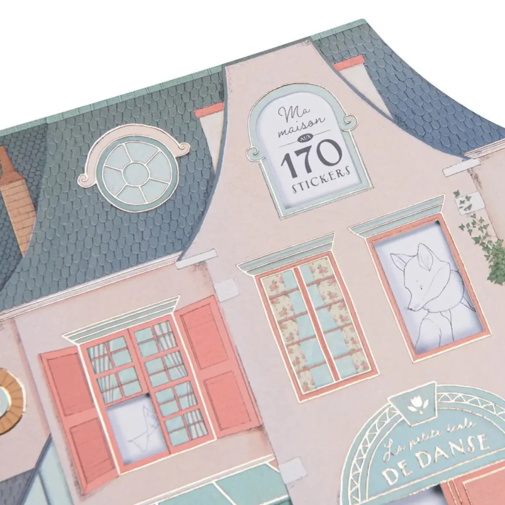 Illustrated children’s coloring and sticker book shaped like a pastel European house with ballet-themed details, perfect Christmas gift for creative kids.
