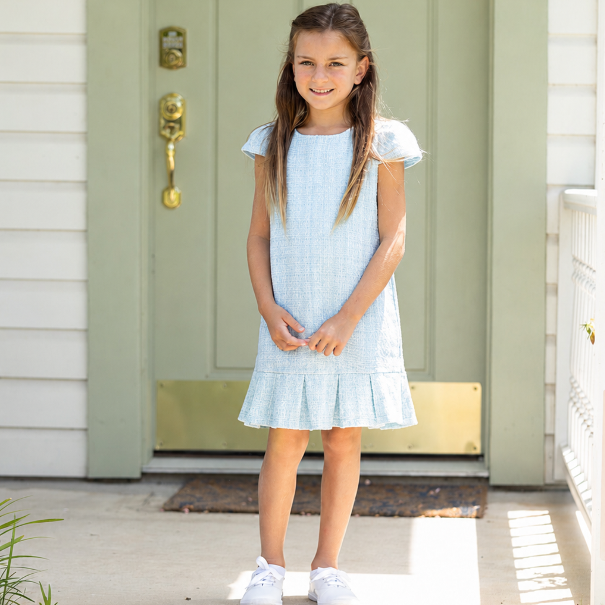 Henry Duvall Bay Tree Blue Tweed Dress for older girls, classic fall tweed dress with cap sleeves and box pleat hem, elegant and age-appropriate for seasonal occasions