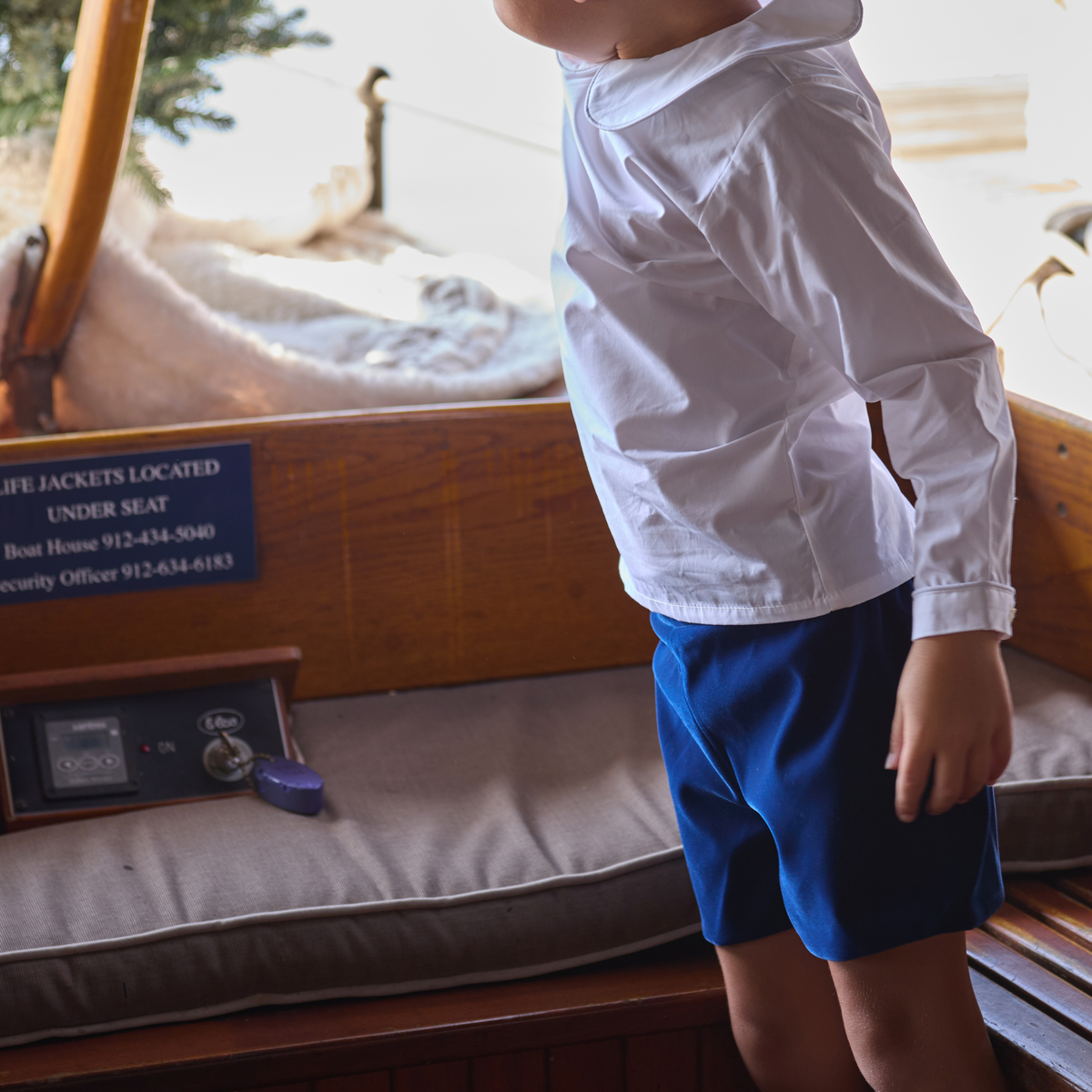 Henry Duvall Robert Shorts in Back Bay Blue Velvet, classic toddler boys fall dress shorts with flat front and elastic back, perfect for pairing with plaid shirts and sibling looks