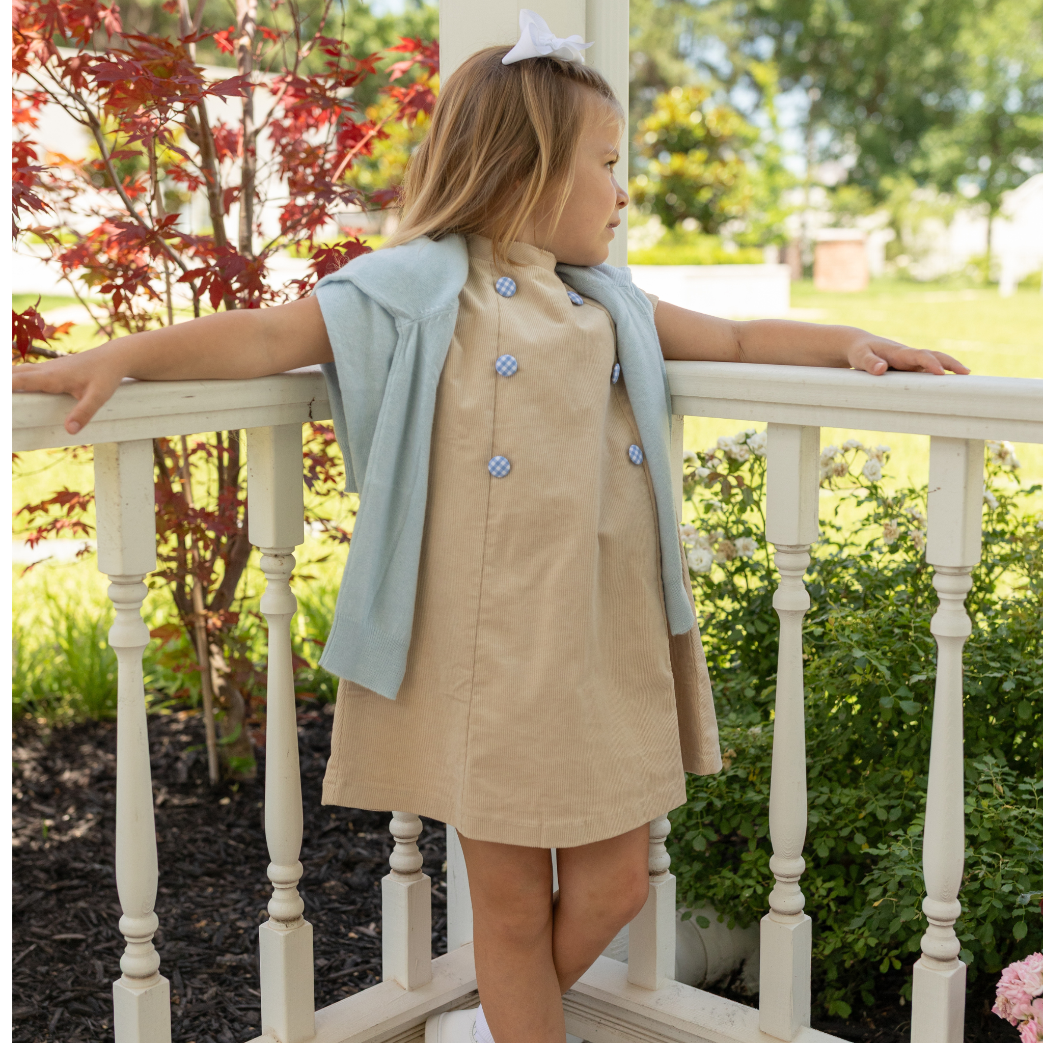Henry Duvall Isabel Dress in King’s Way Khaki Corduroy with Charles Street Check covered buttons, classic fall toddler and girls outfit with heirloom style and timeless details